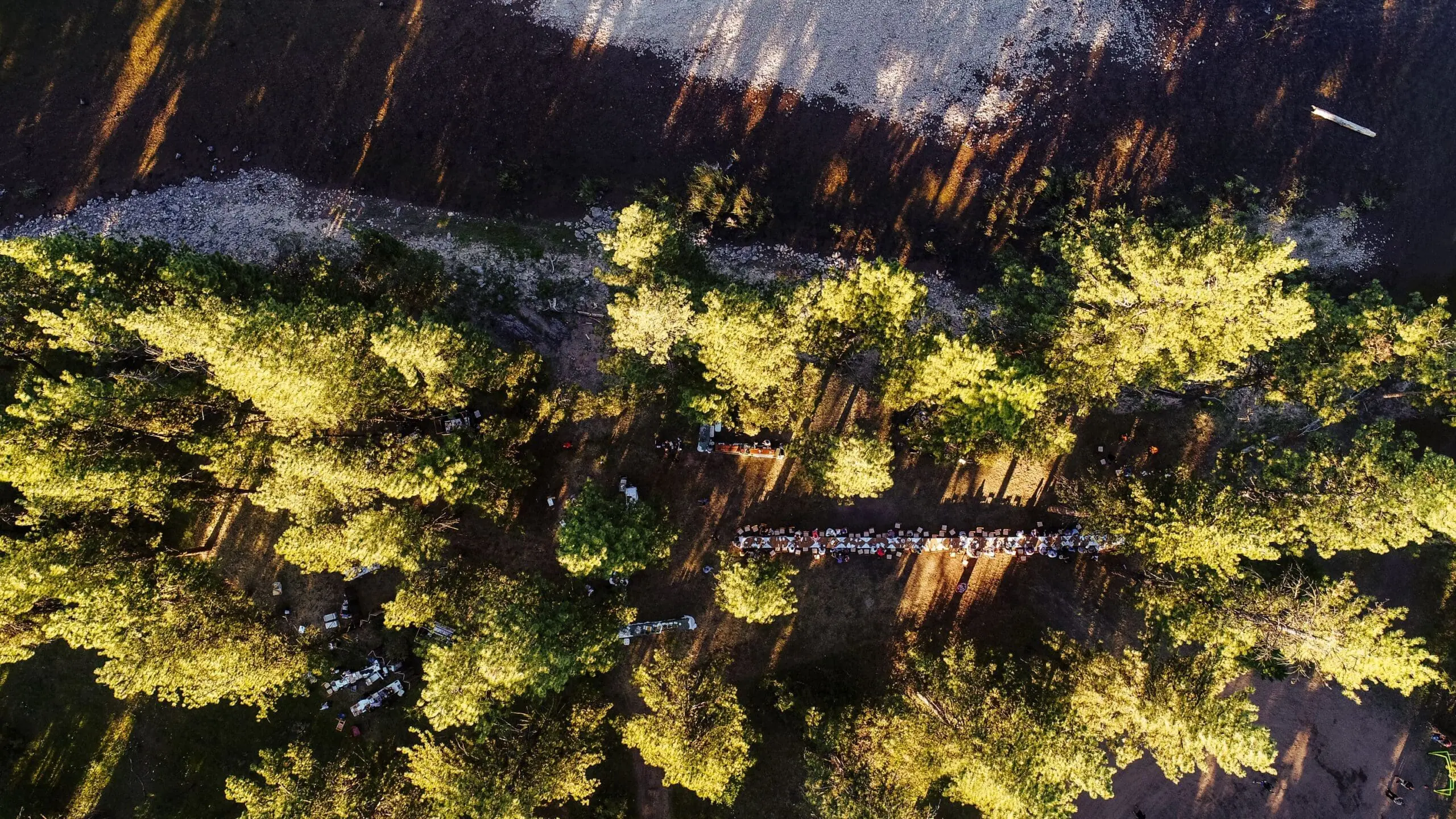 Bird's eye view of a very long table seating family and friends in the Montana woods