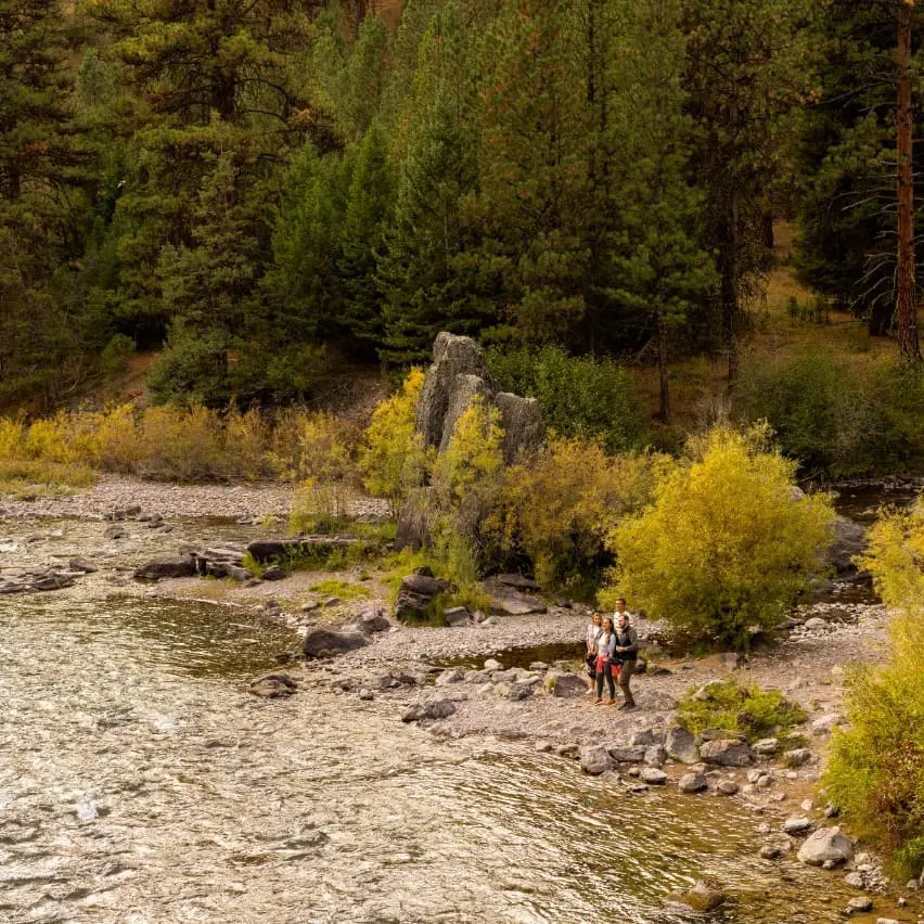 Family standing beside a forest river