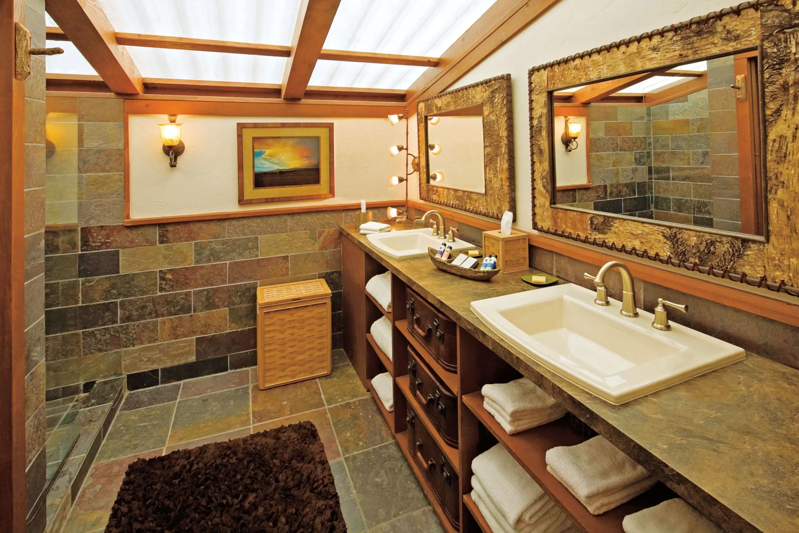 Interior of luxury glamping tent bathroom