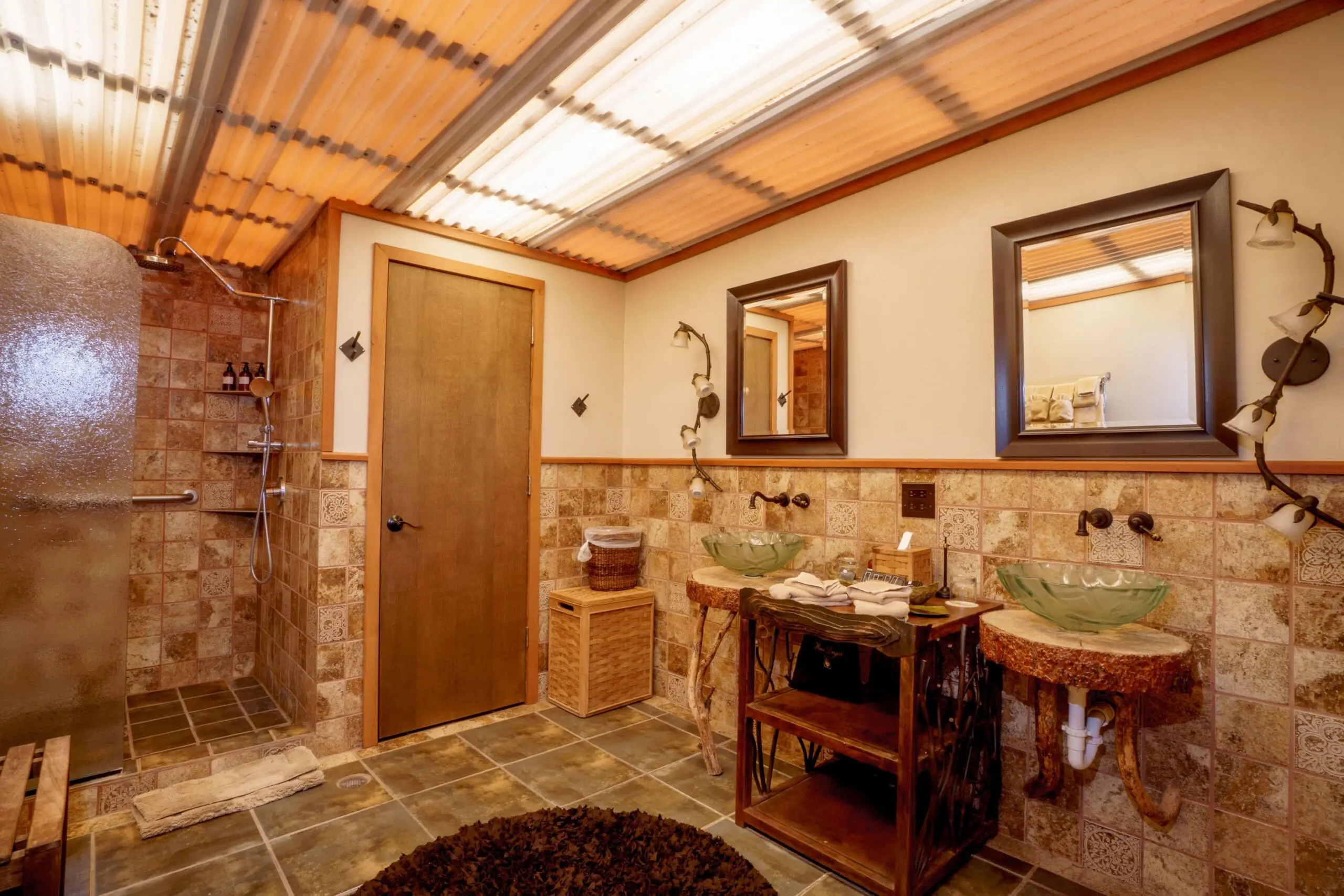 Interior of luxury bathroom inside canvas glamping tent