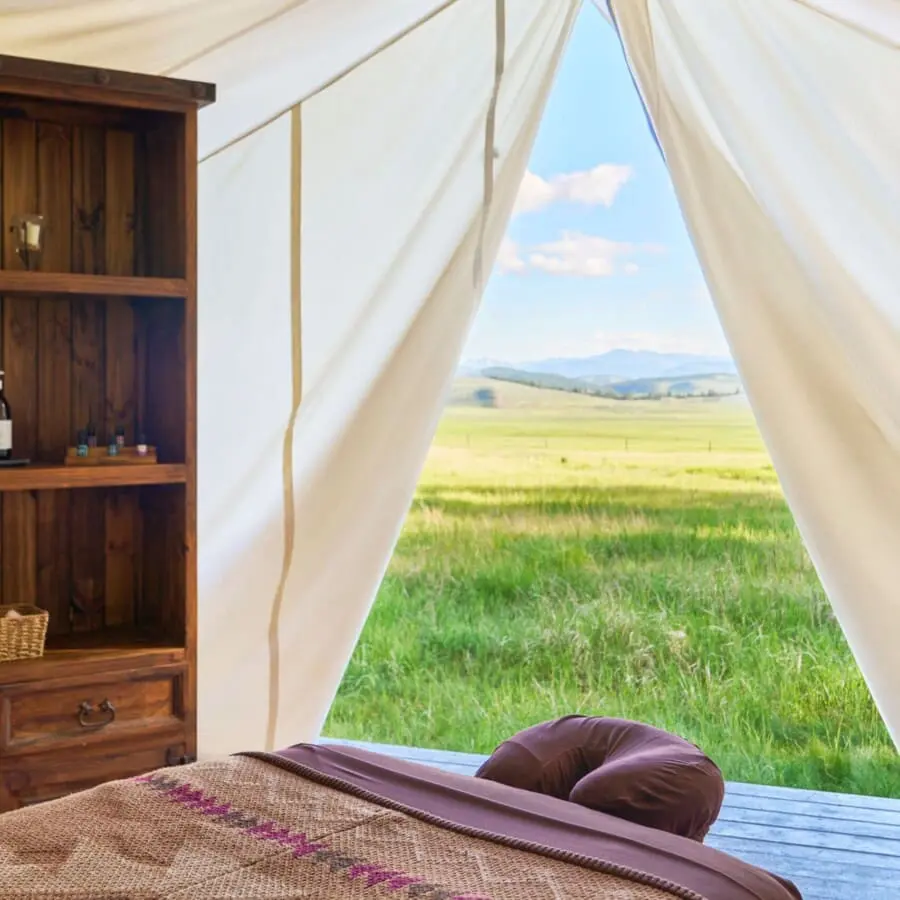 Spa massage chair in canvas tent | Paws Up | Spa retreats Montana
