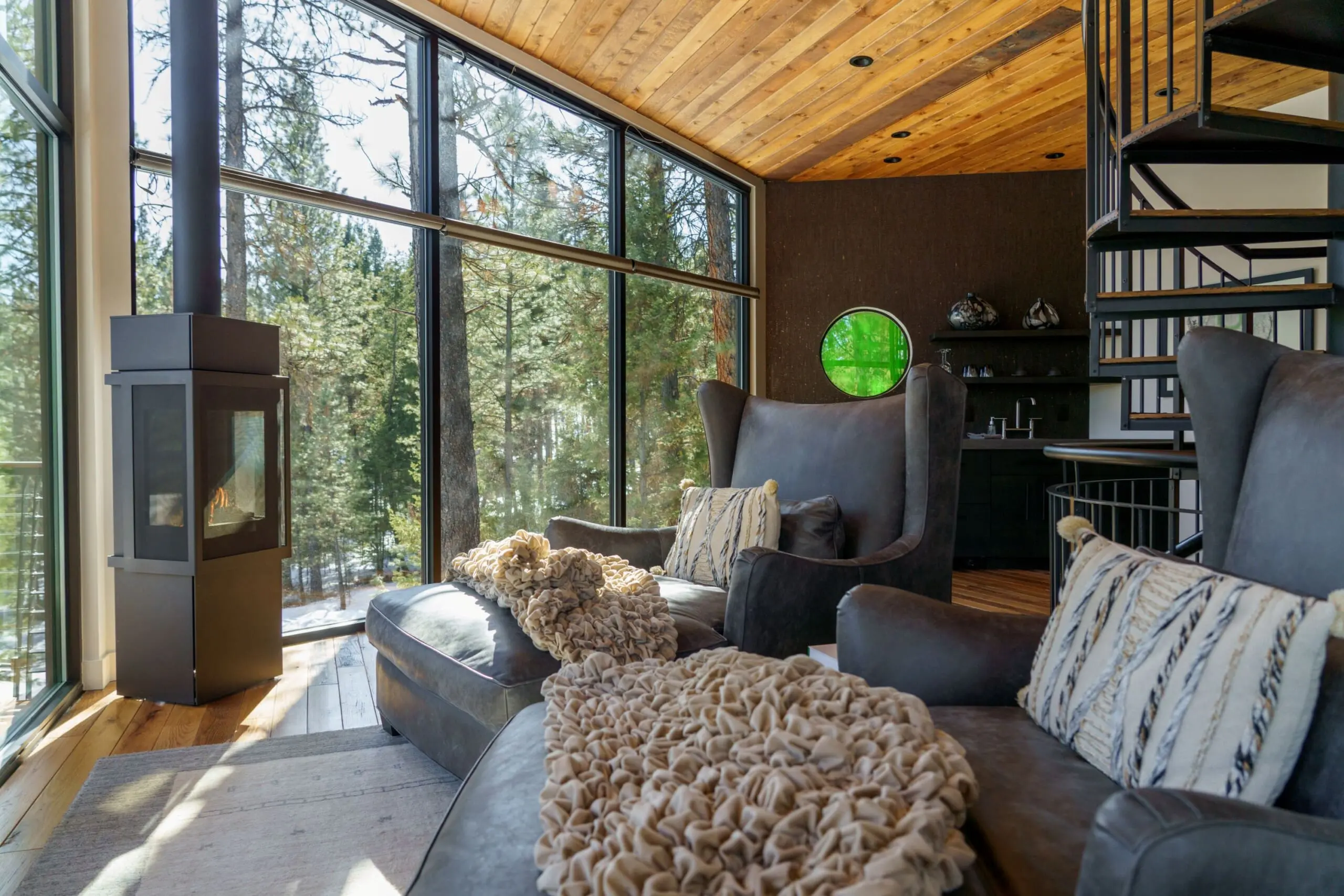 Modern interior of a cabin treehouse living room