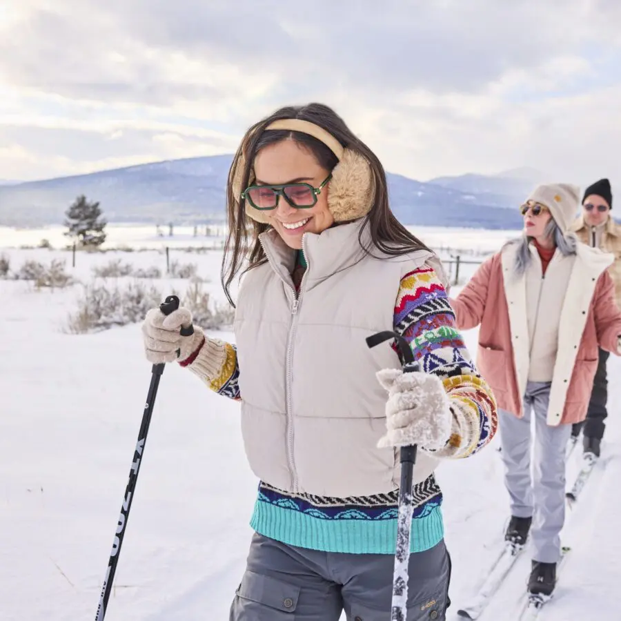 Group of guests cross-country skiing.
