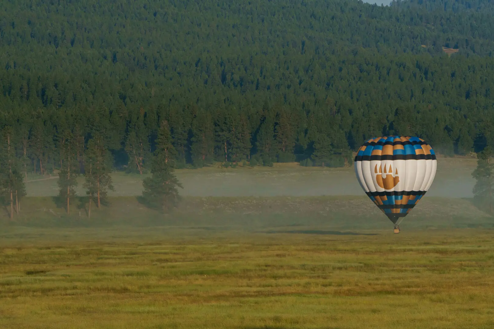 Hot air balloon in the sky with fields behind it.