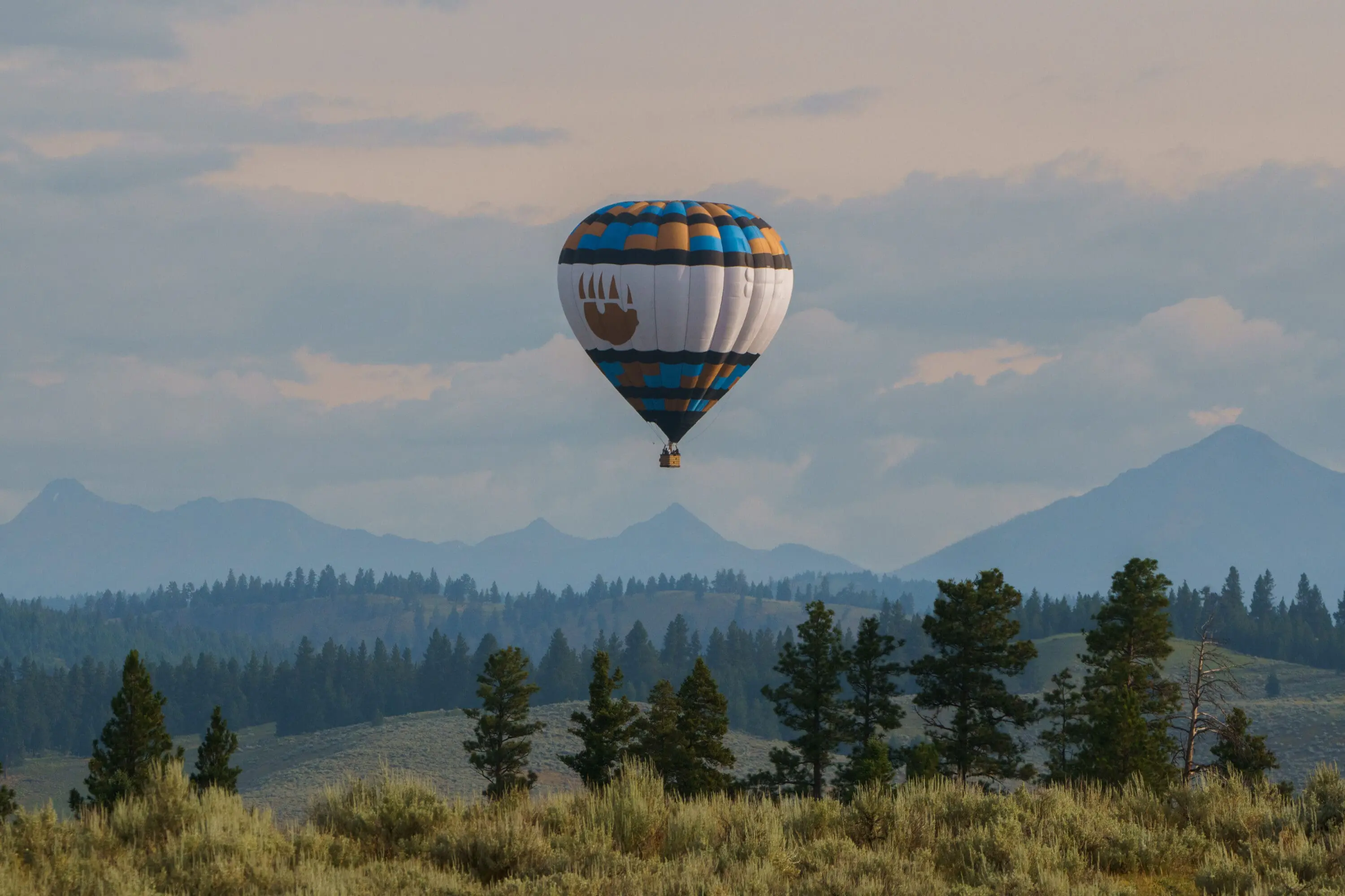 Hot air balloon in the sky with mountains and fields behind it.