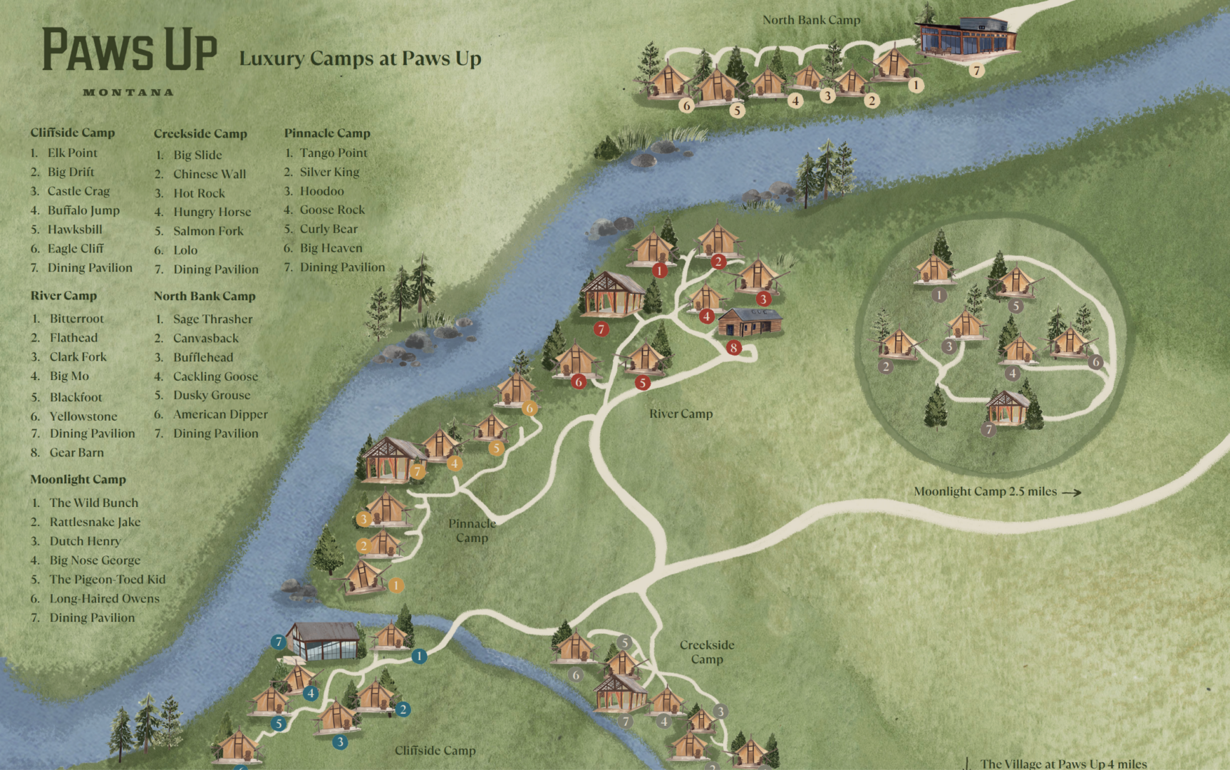 Luxury camping map of Paws Up Montana.