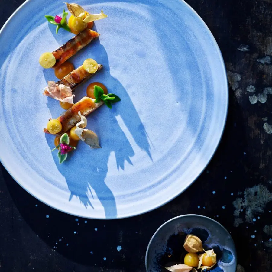 A light blue plate featuring a fancy but simple food dish.