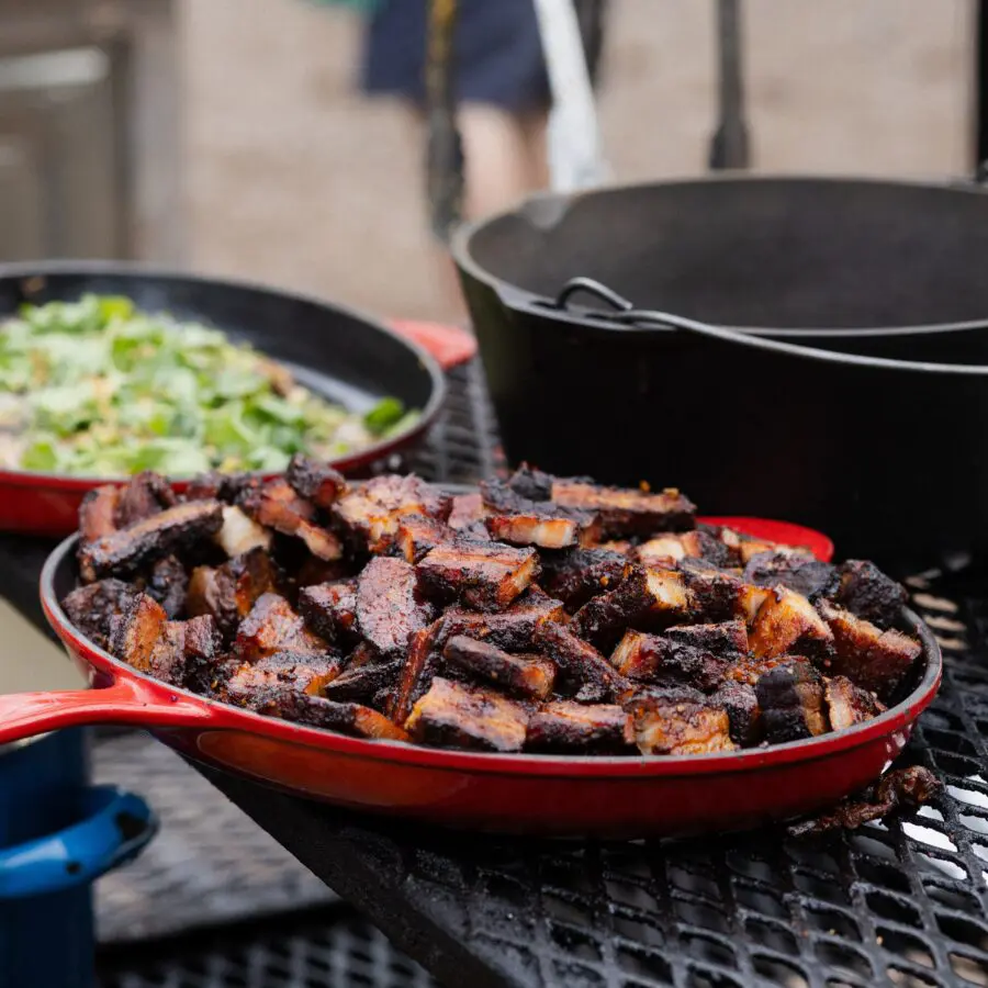 Different meats and vegetables being cooked in a cast iron skillet over a fire.