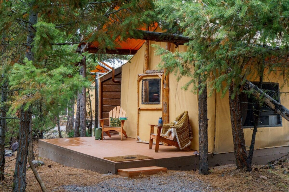 Front view of a deck on a glamping tent