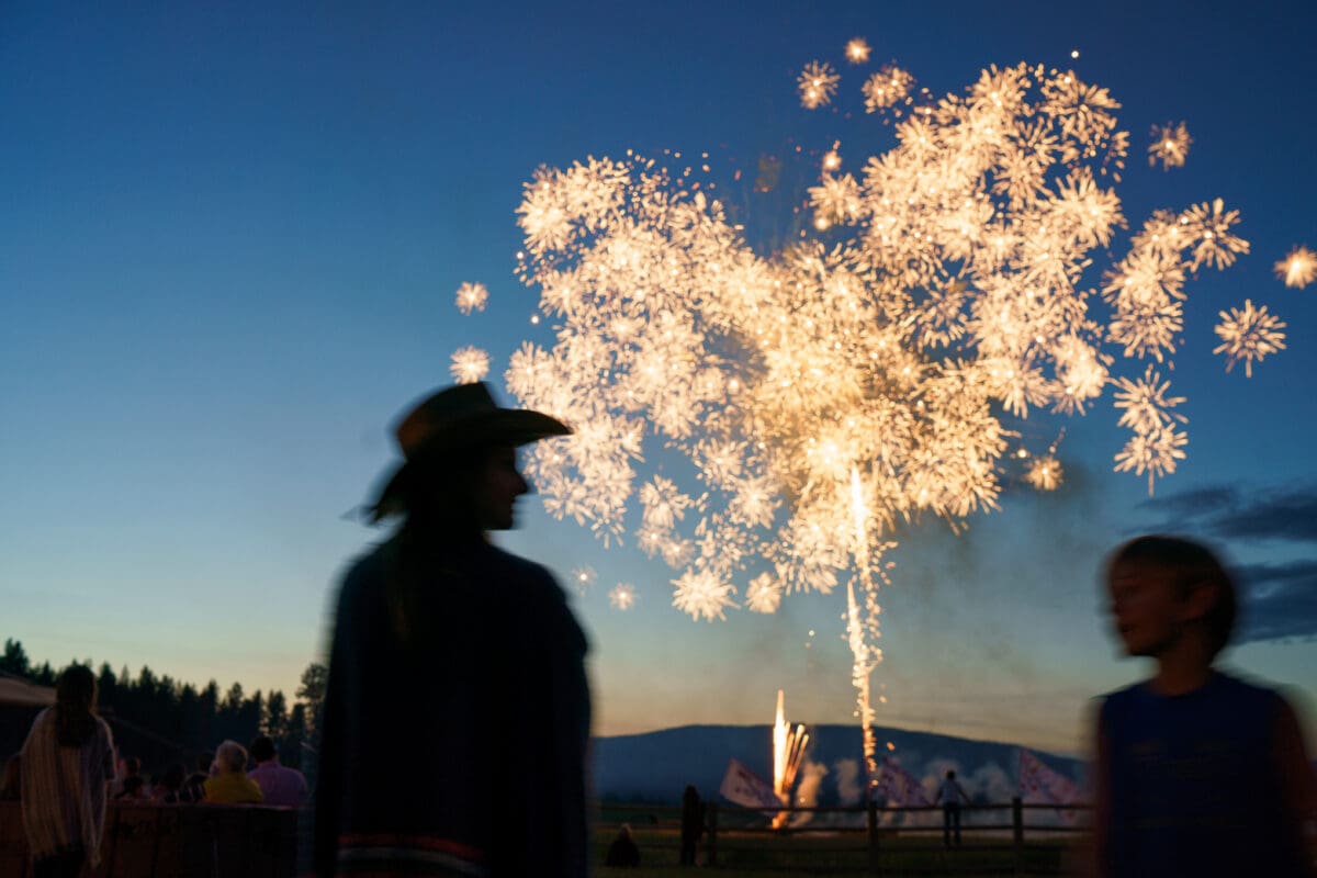 Two people out of focus as fireworks go off in the distance of a dark sunset sky.