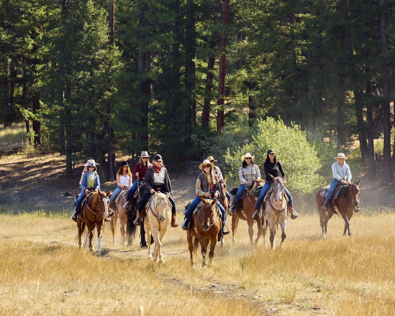 Group of cowgirls riding horses through a grassy field with trees in the background.