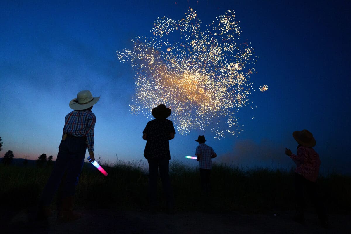 Three boys watching fireworks at night.