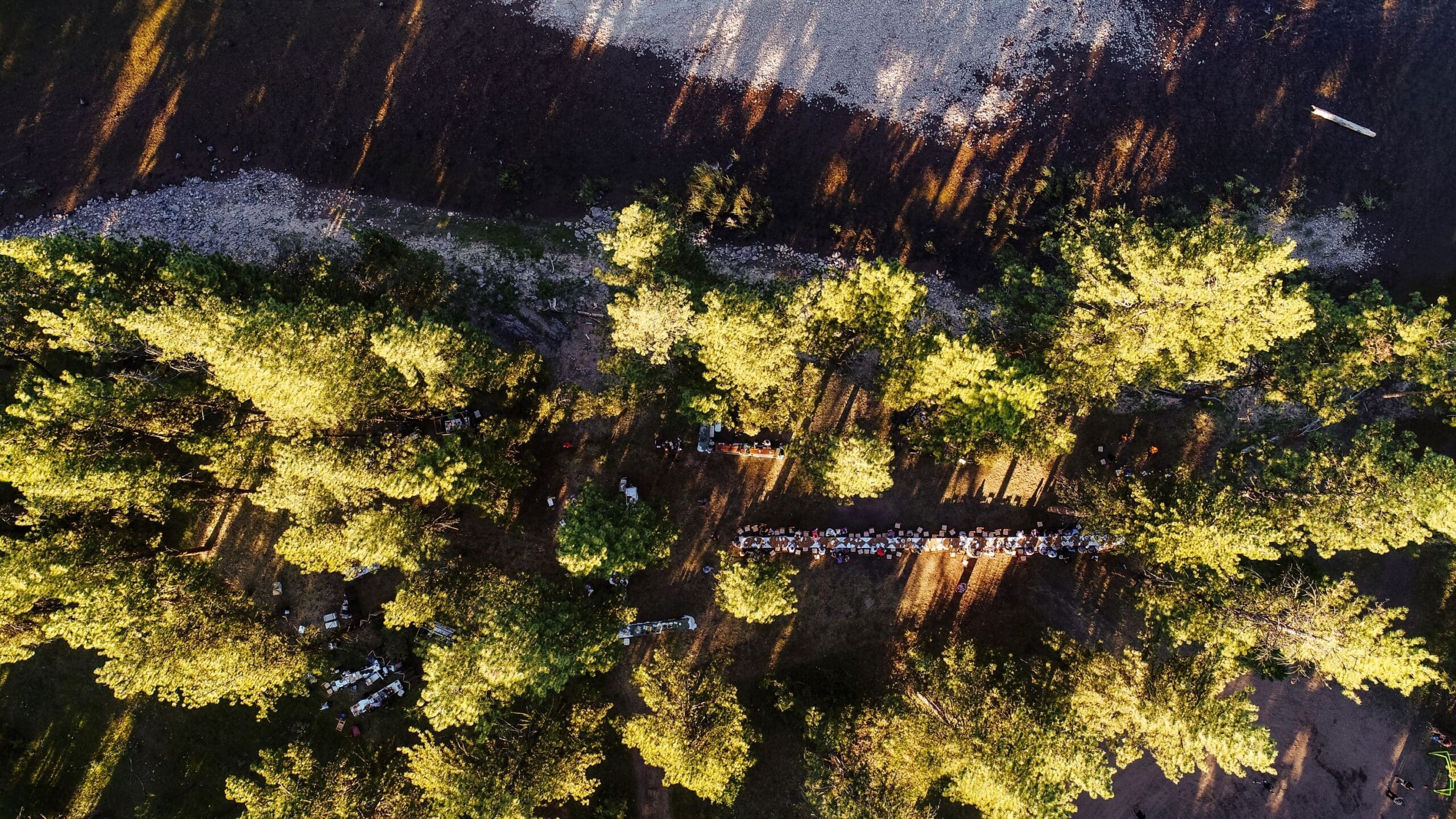Bird's eye view of a very long table seating family and friends in the Montana woods