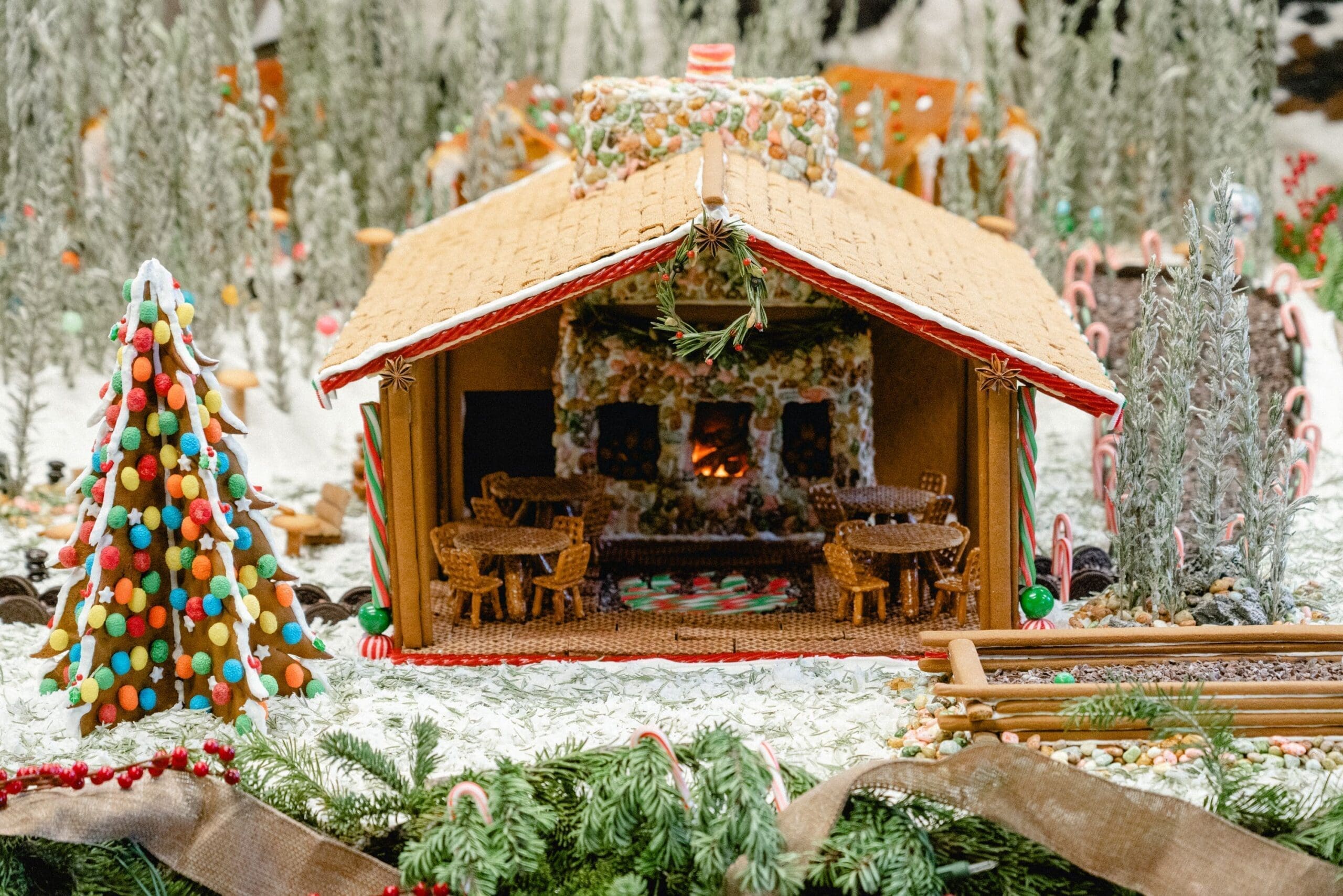 Intricate gingerbread house replica of Paws Up Montana made for Christmas by the resort chefs