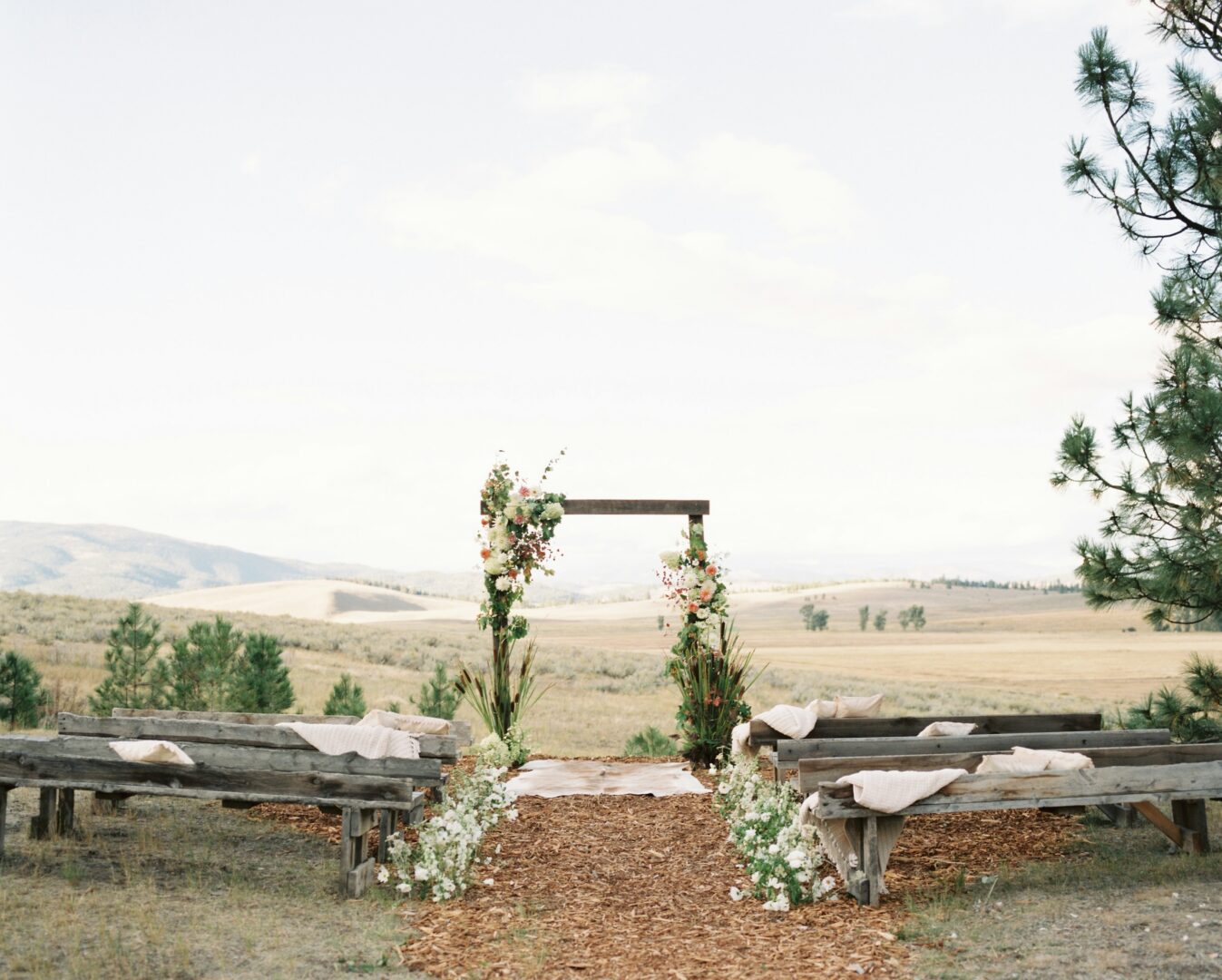 Outdoor wedding ceremony with wooden benches.