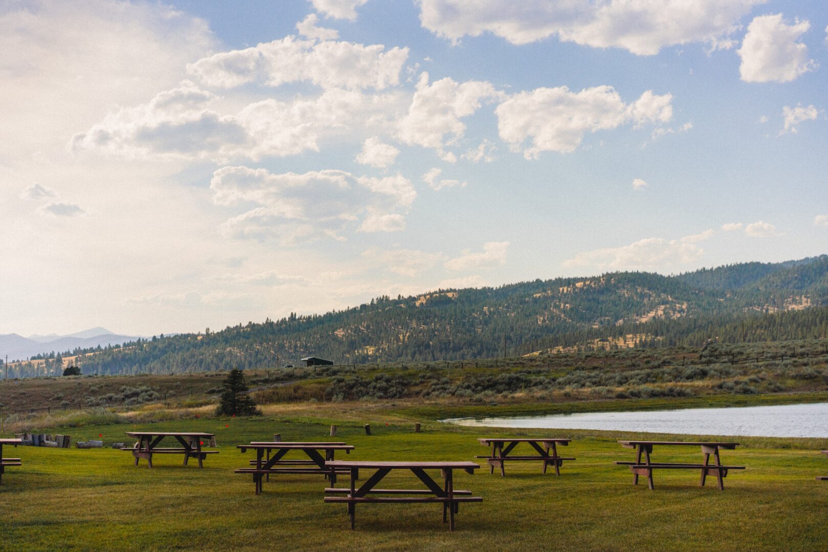 A field with picnic tables, mountains in the background, and a small pond.