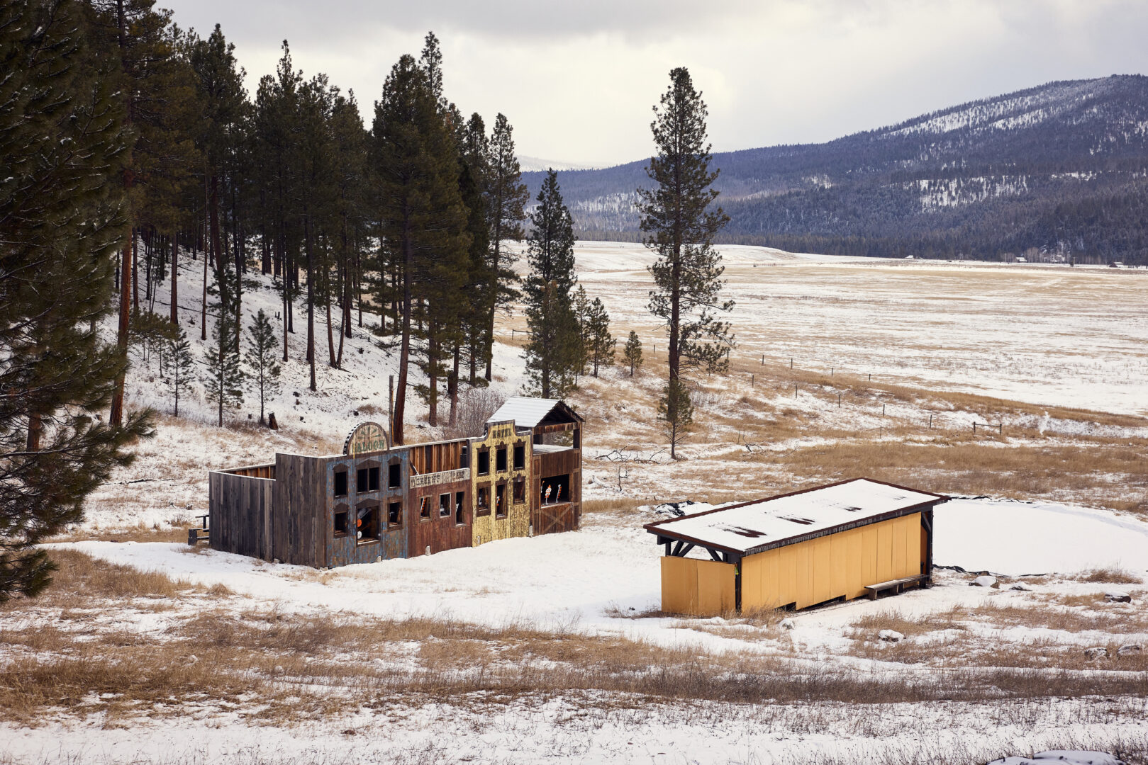 Western themed shooting range outside in the snow.