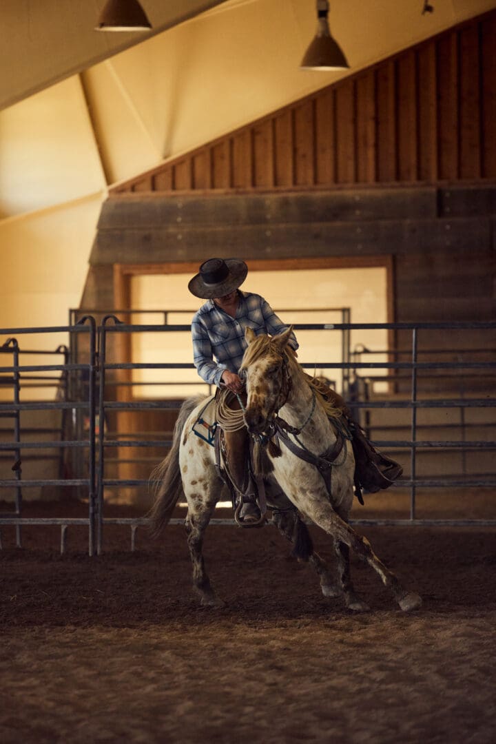 Cowgirl in an arena doing tricks on a horse.