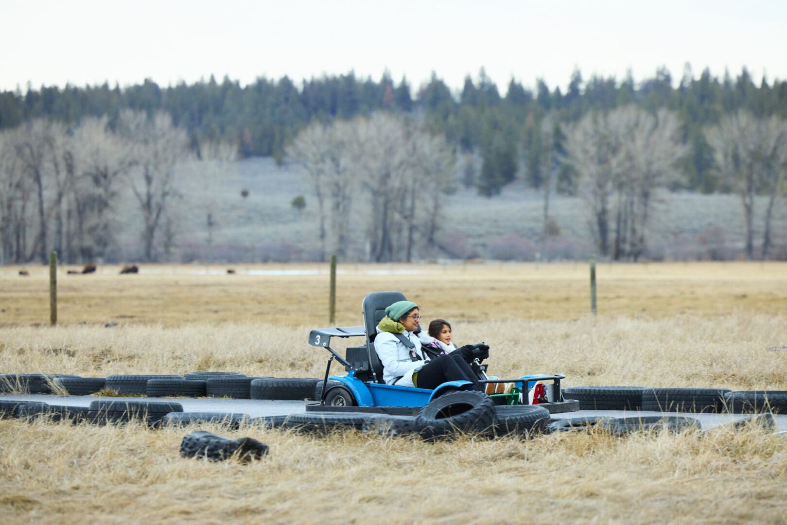 Mother and daughter on a go-kart racing on an outdoor track.