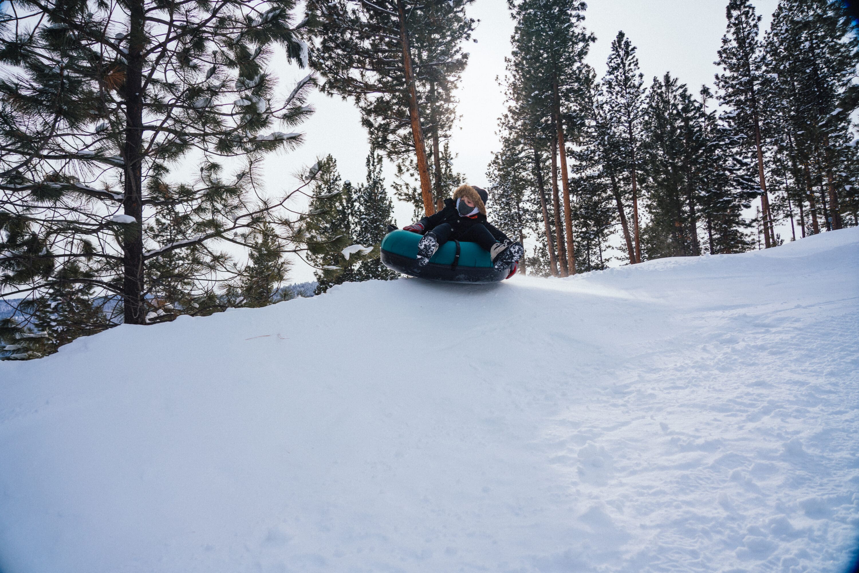 Child tubing down a snowy hill with trees in the background.