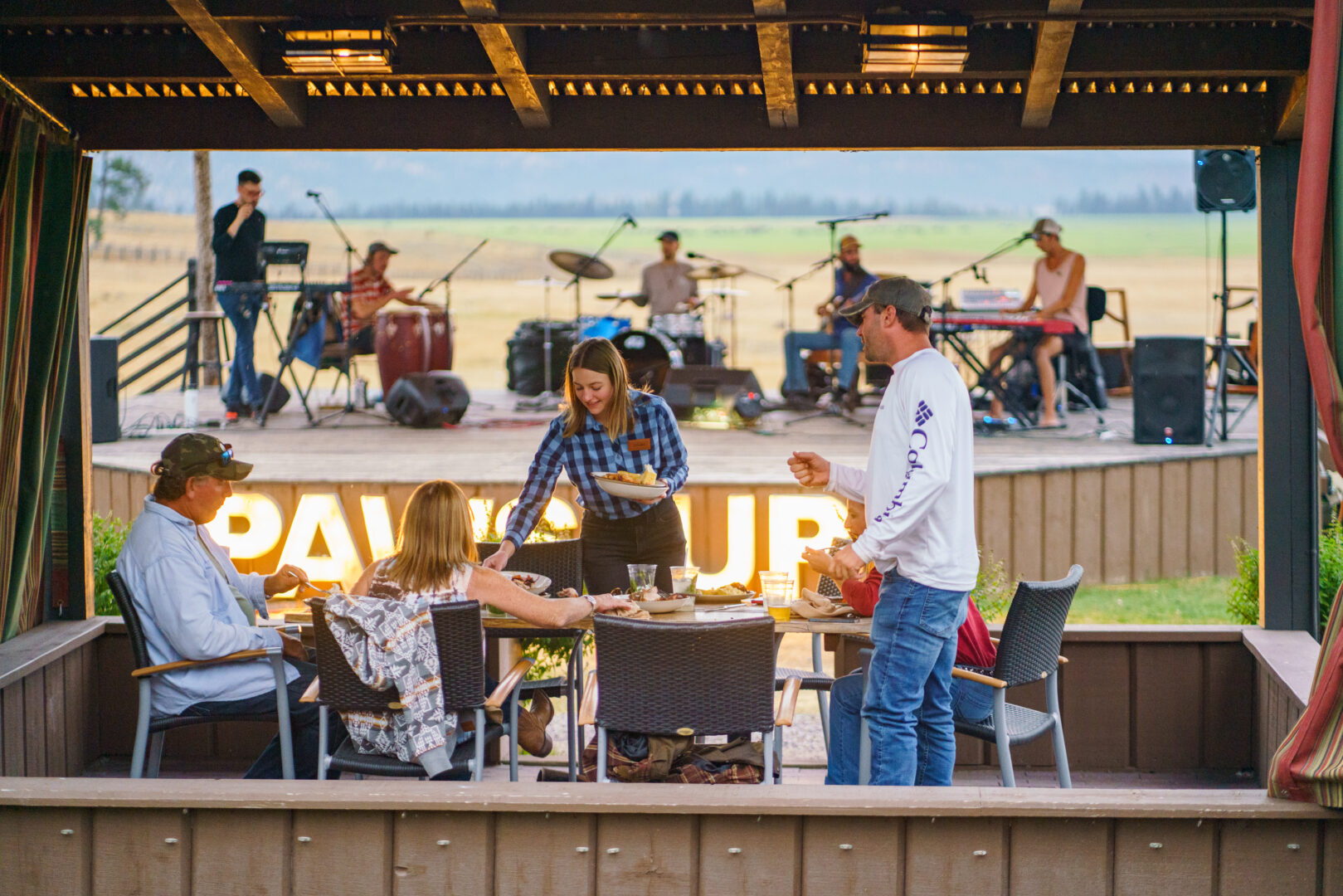 Outdoor concert with people dancing and talking.