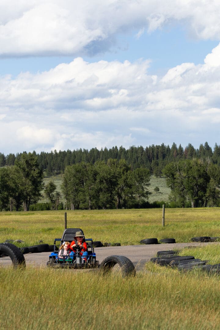 Kid and adult in a go-kart racing on an outdoor track.