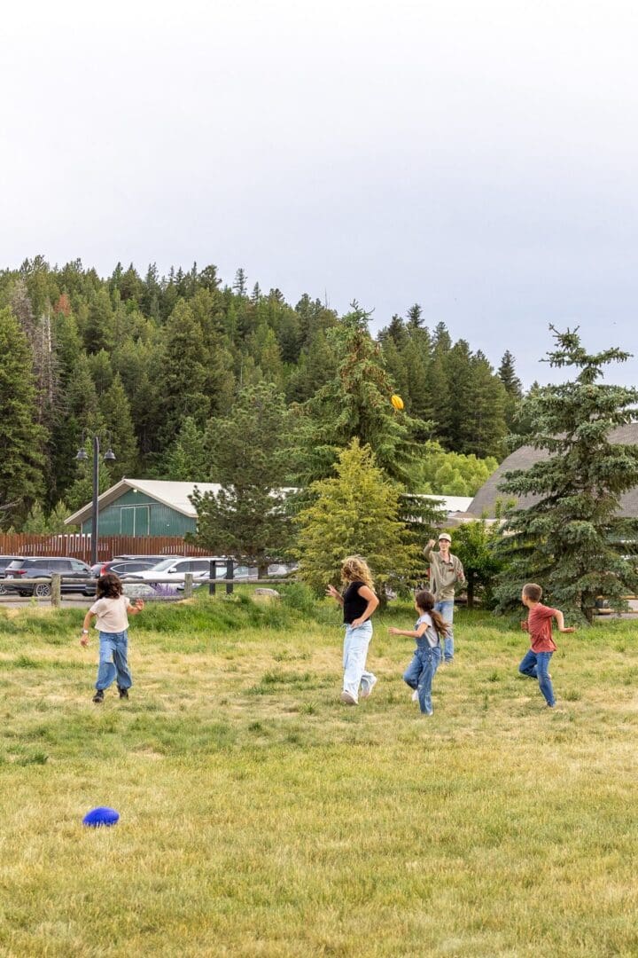 Children playing outside on a lawn with trees and a green barn in the background.