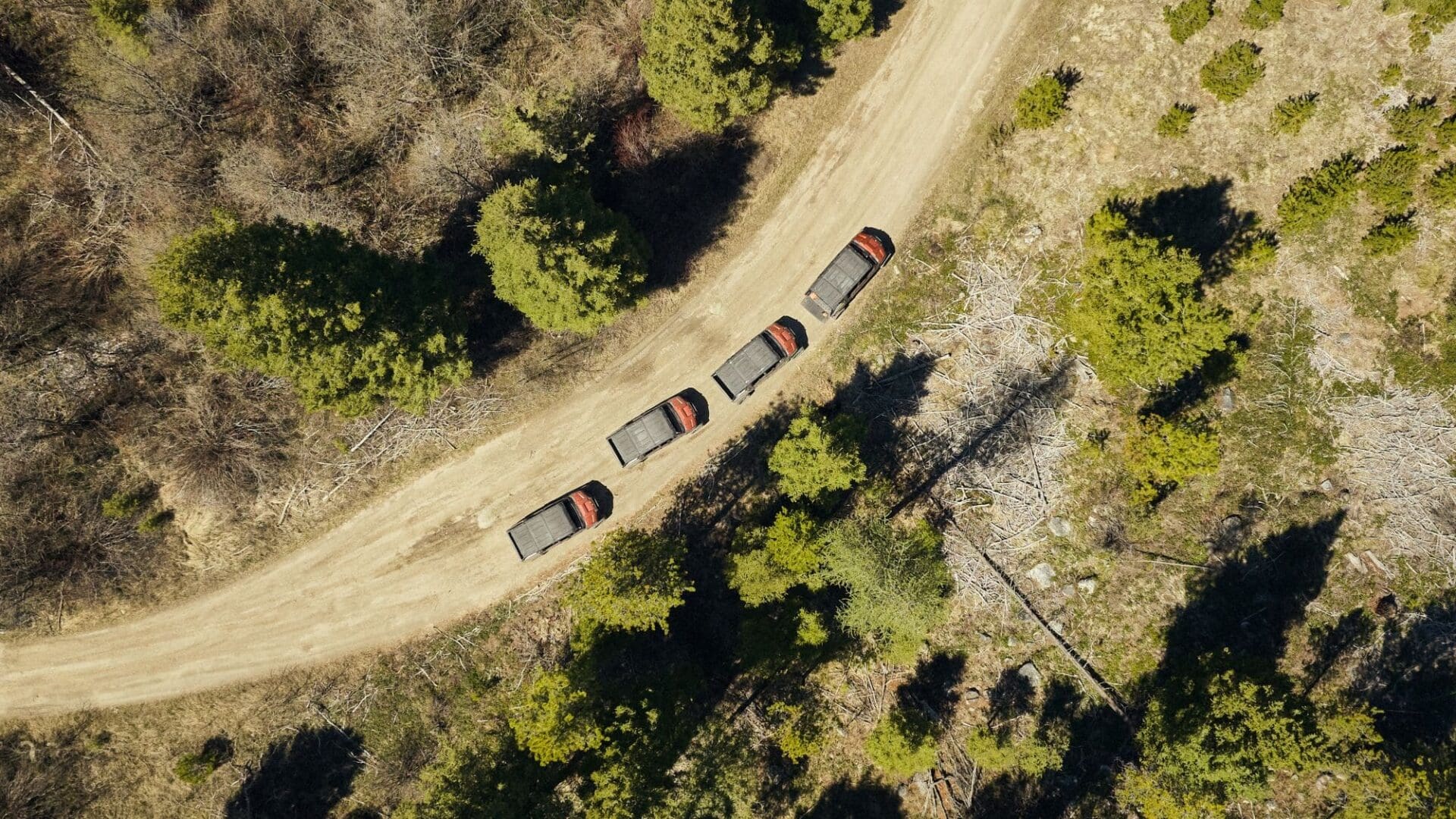 Aerial view of a line of UTVs driving on a dirt forest road