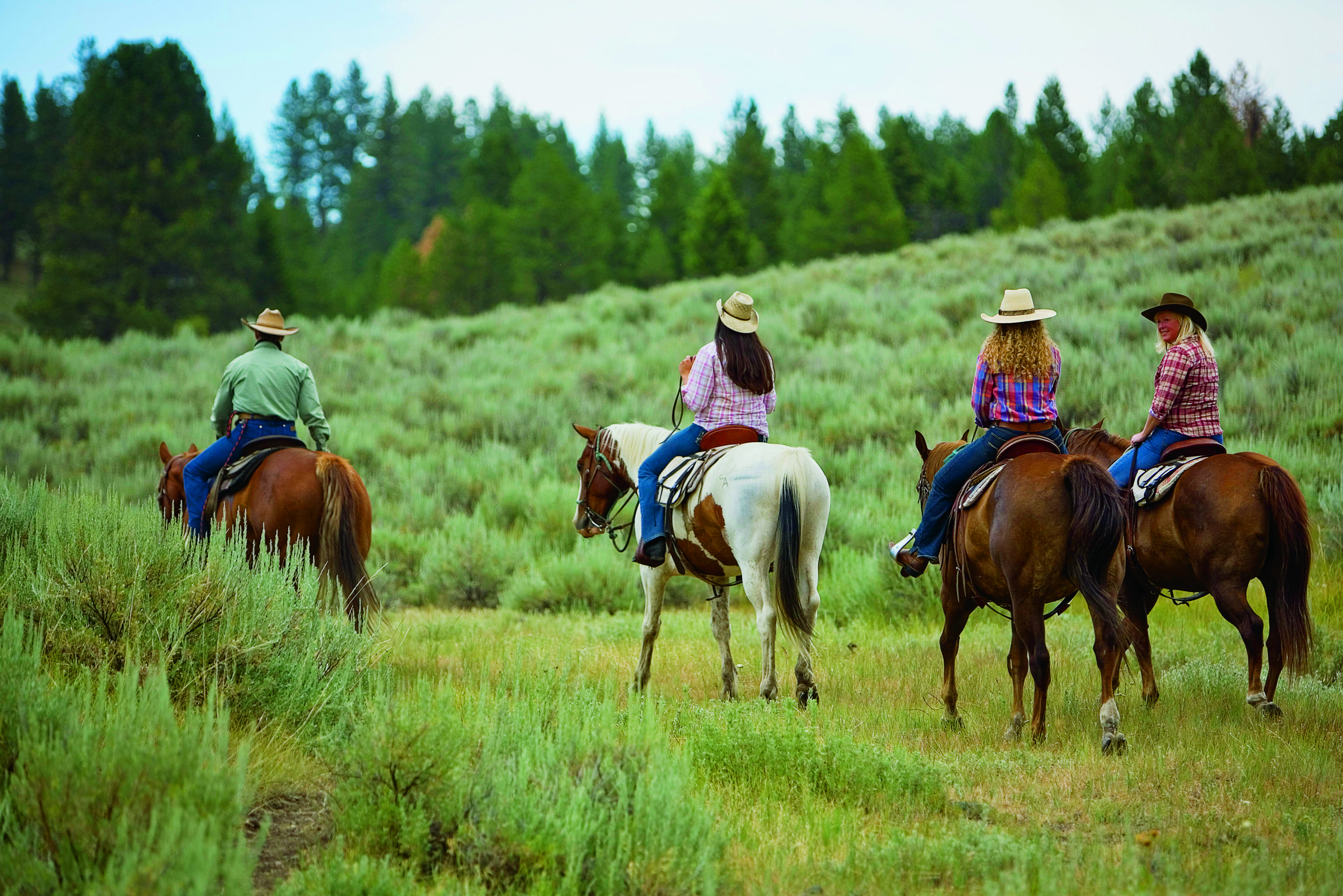 Family riding horses through green hills with trees in the background.
