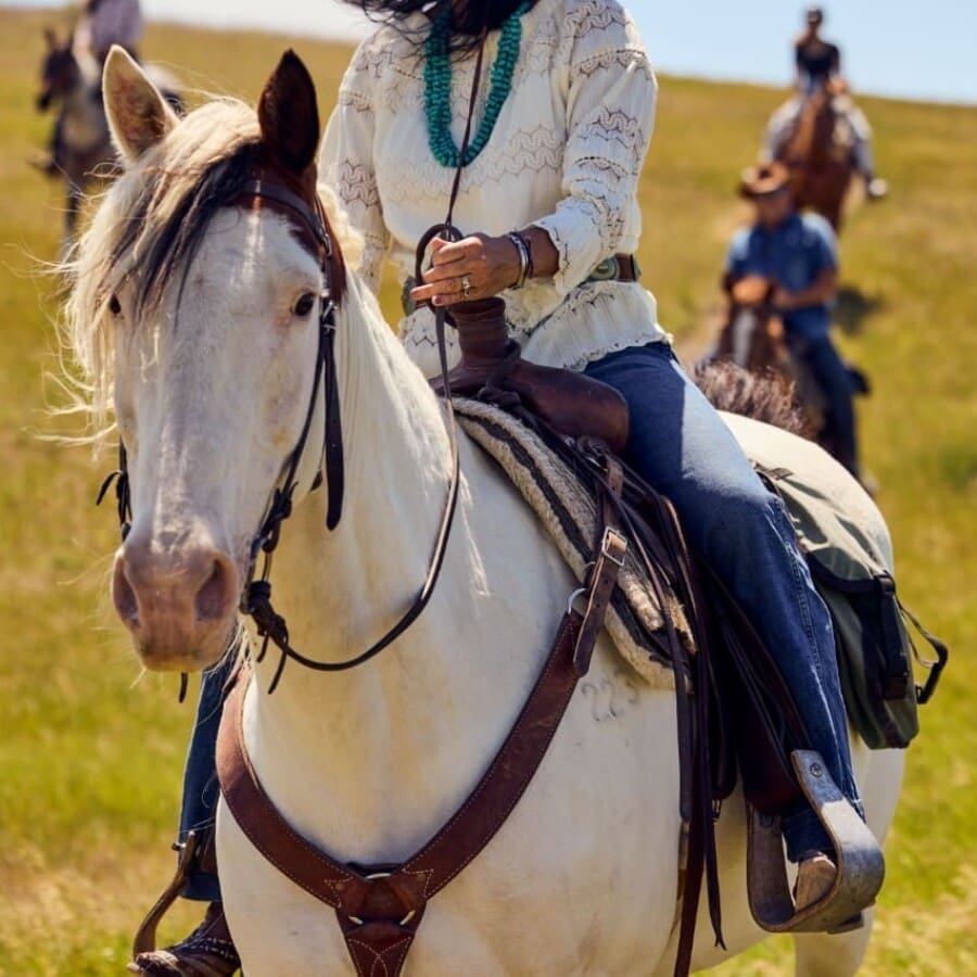 Woman riding white horse in a summer mountain valley