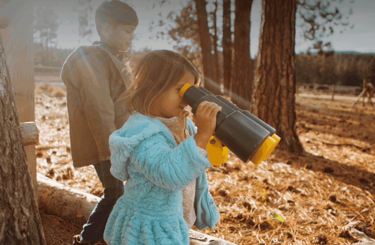Little girl looking through binoculars in the forest