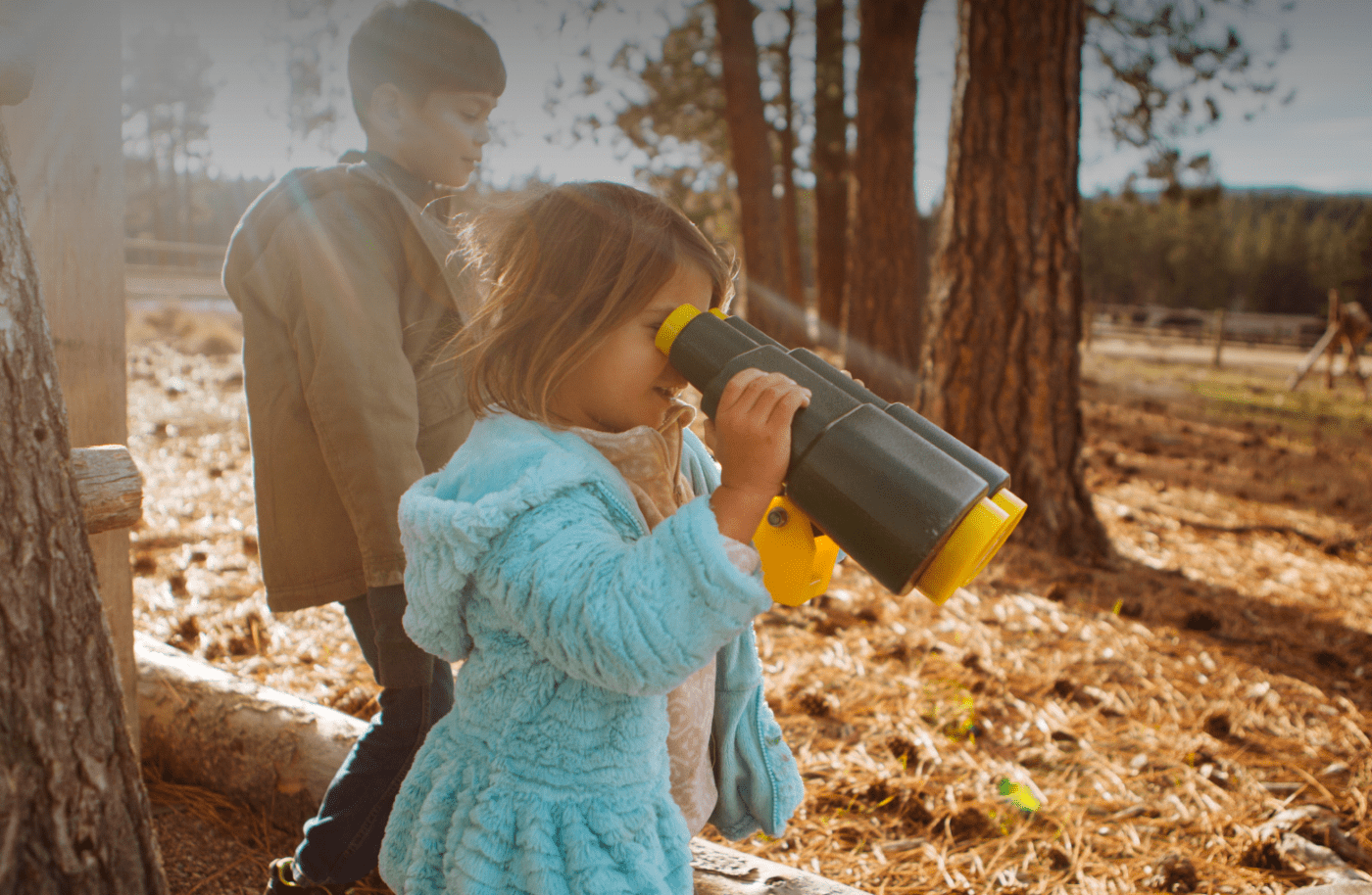 Little girl looking through binoculars in the forest