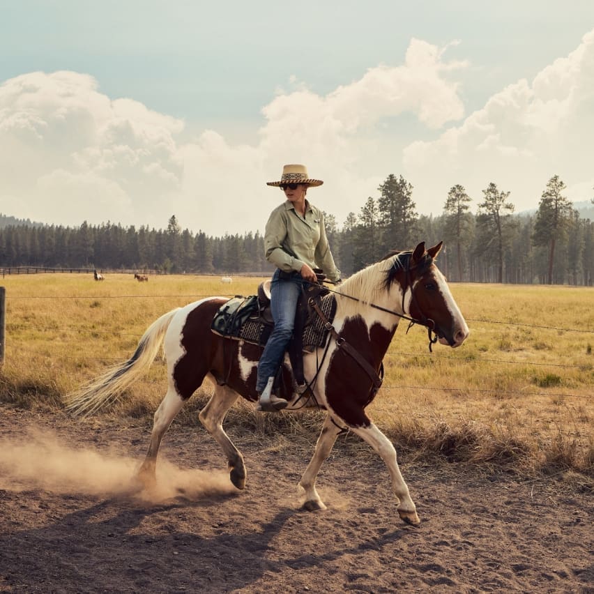 Cowgirl on horseback running through a field