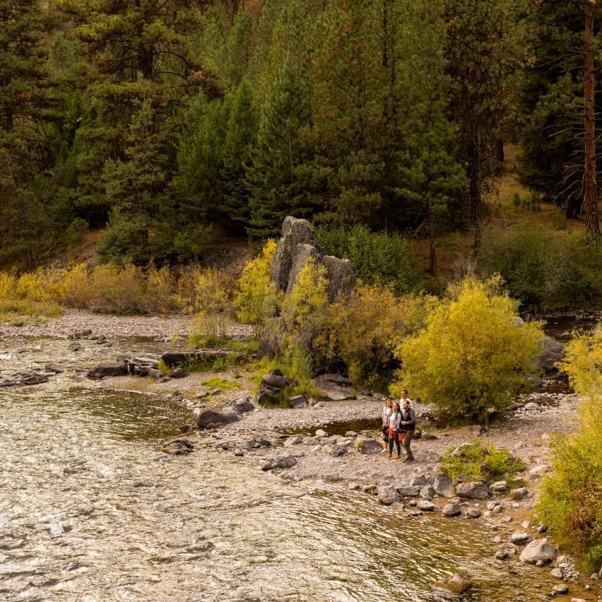 Family standing beside a forest river