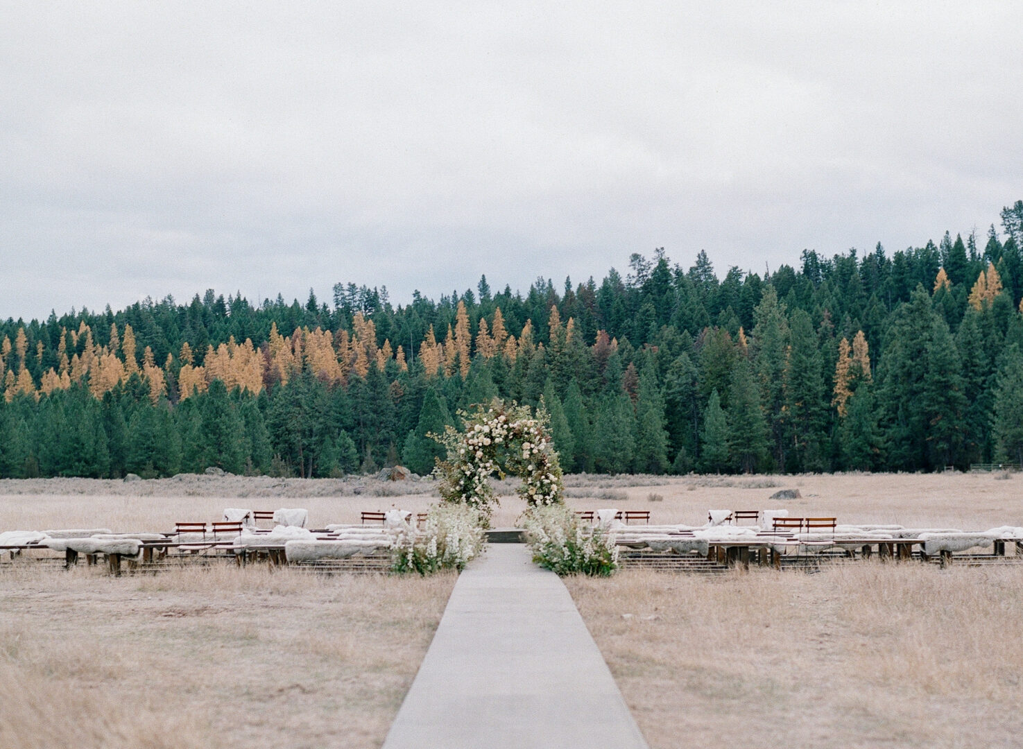 Large outdoor wedding outside with fall trees in the distance.