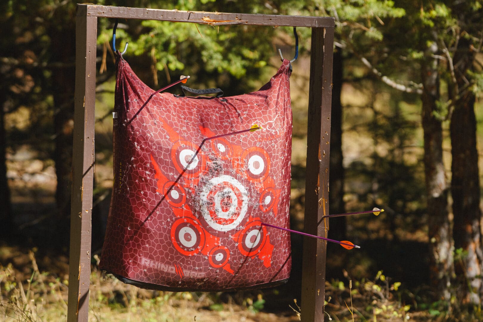 Red archery tent hanging in a forest with arrows in it.