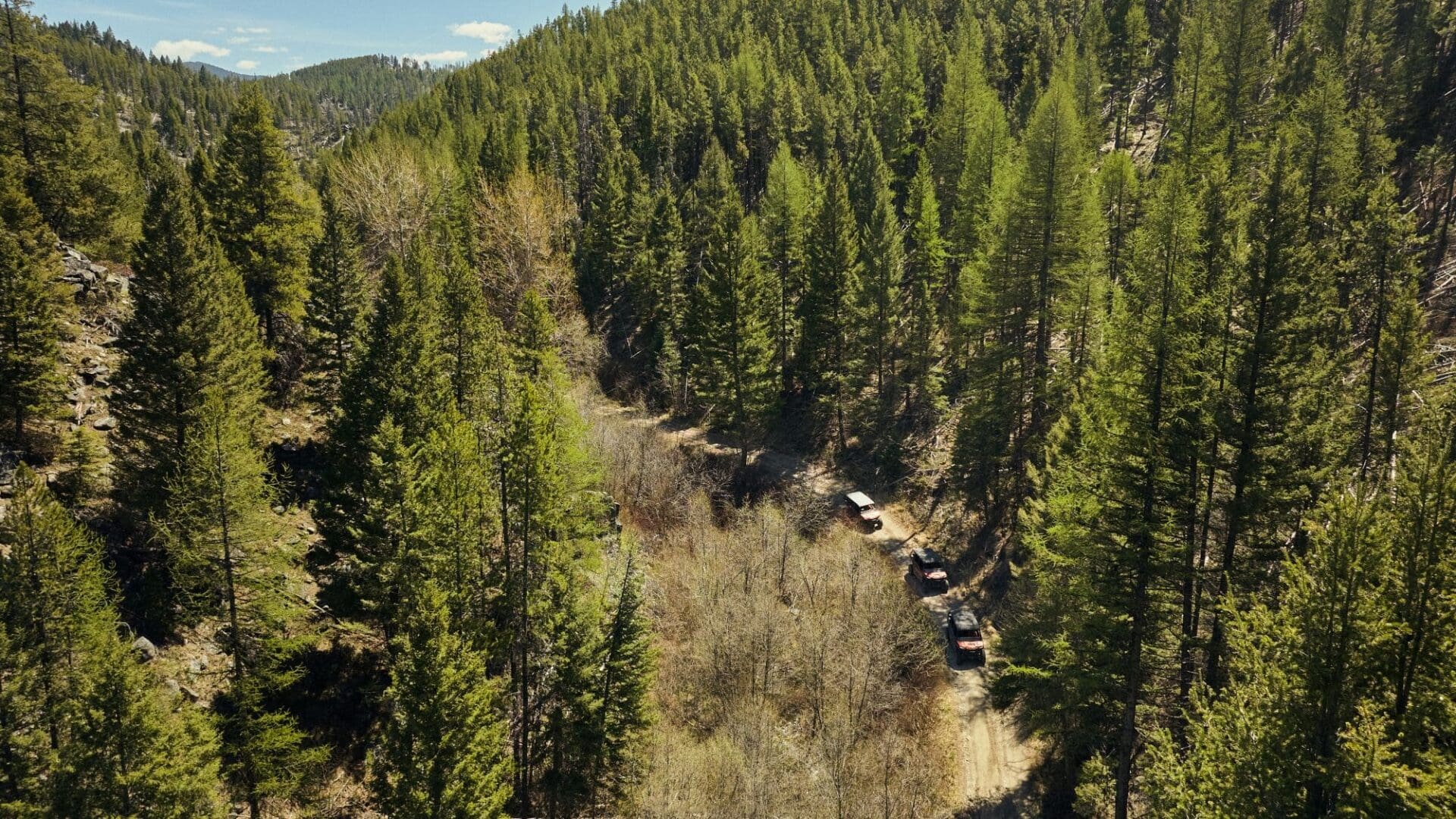 A group of Polaris UTVs traveling through the Montana forest from an aerial view