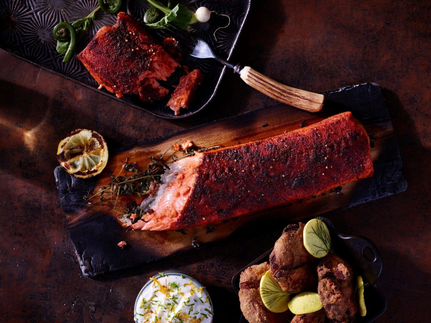 Smoked salmon dish on a dark wooden table