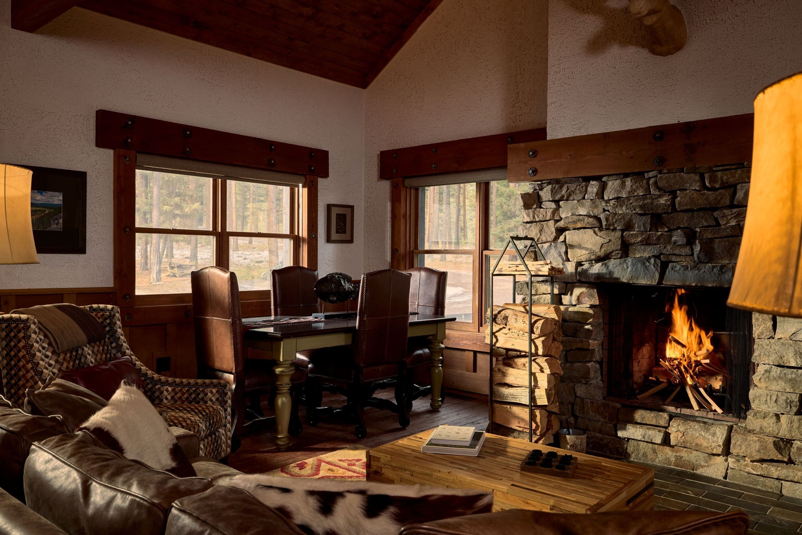 Western living room with stone fireplace