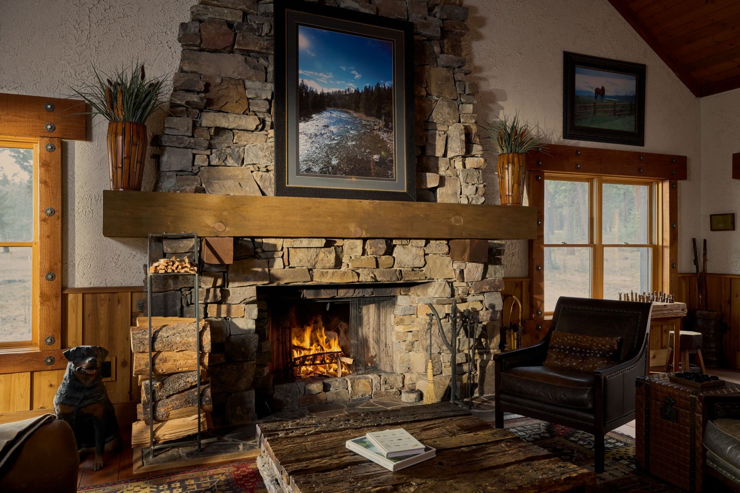 Western style living room with stone fireplace