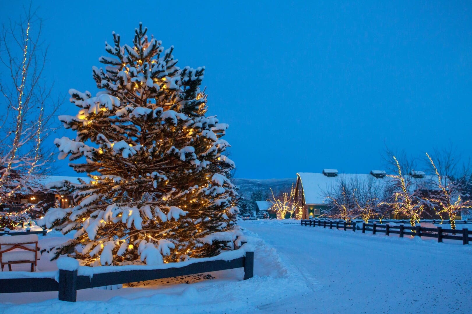 Exterior of resort property with snow and christmas lights