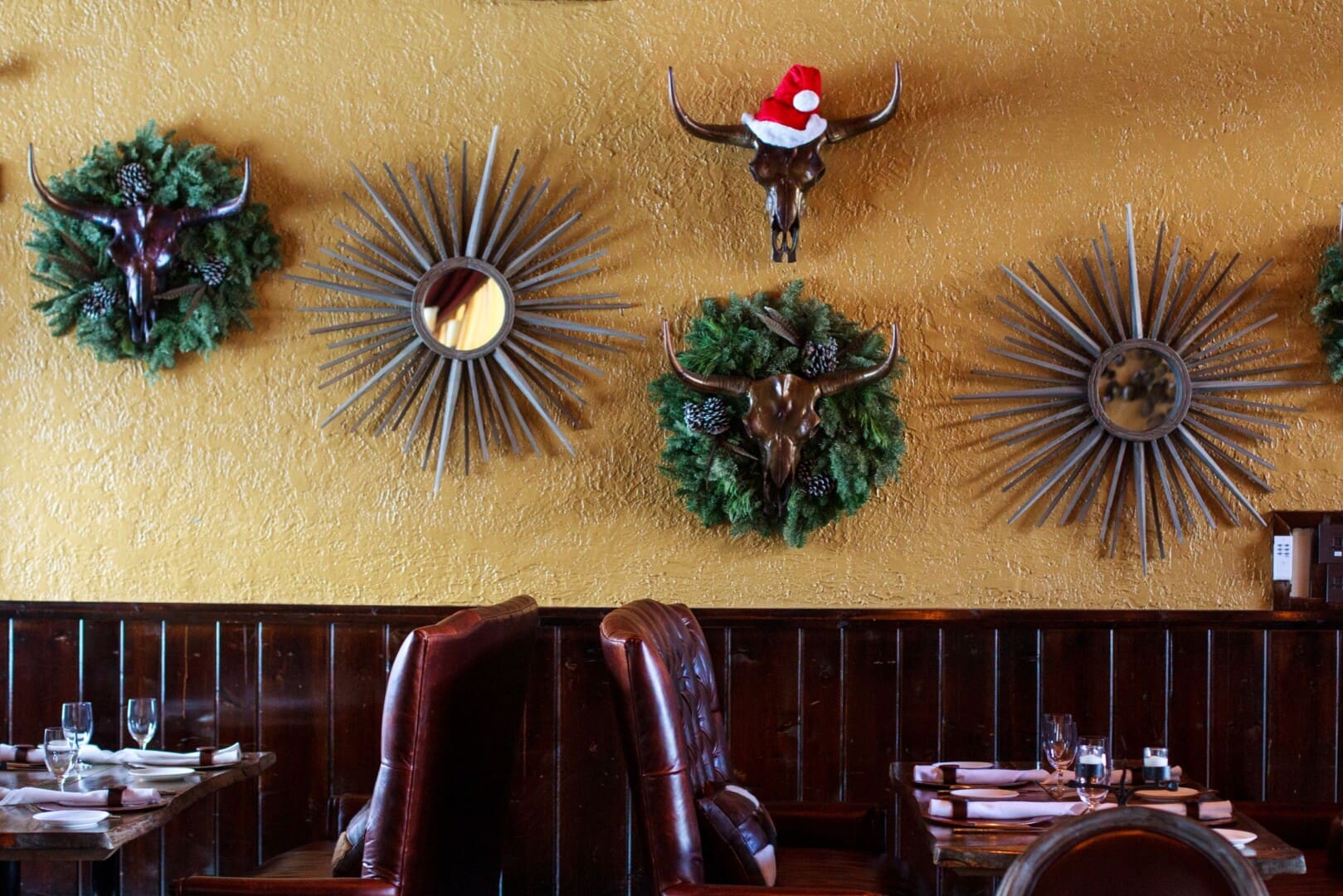 Inside of restaurant decorated for christmas