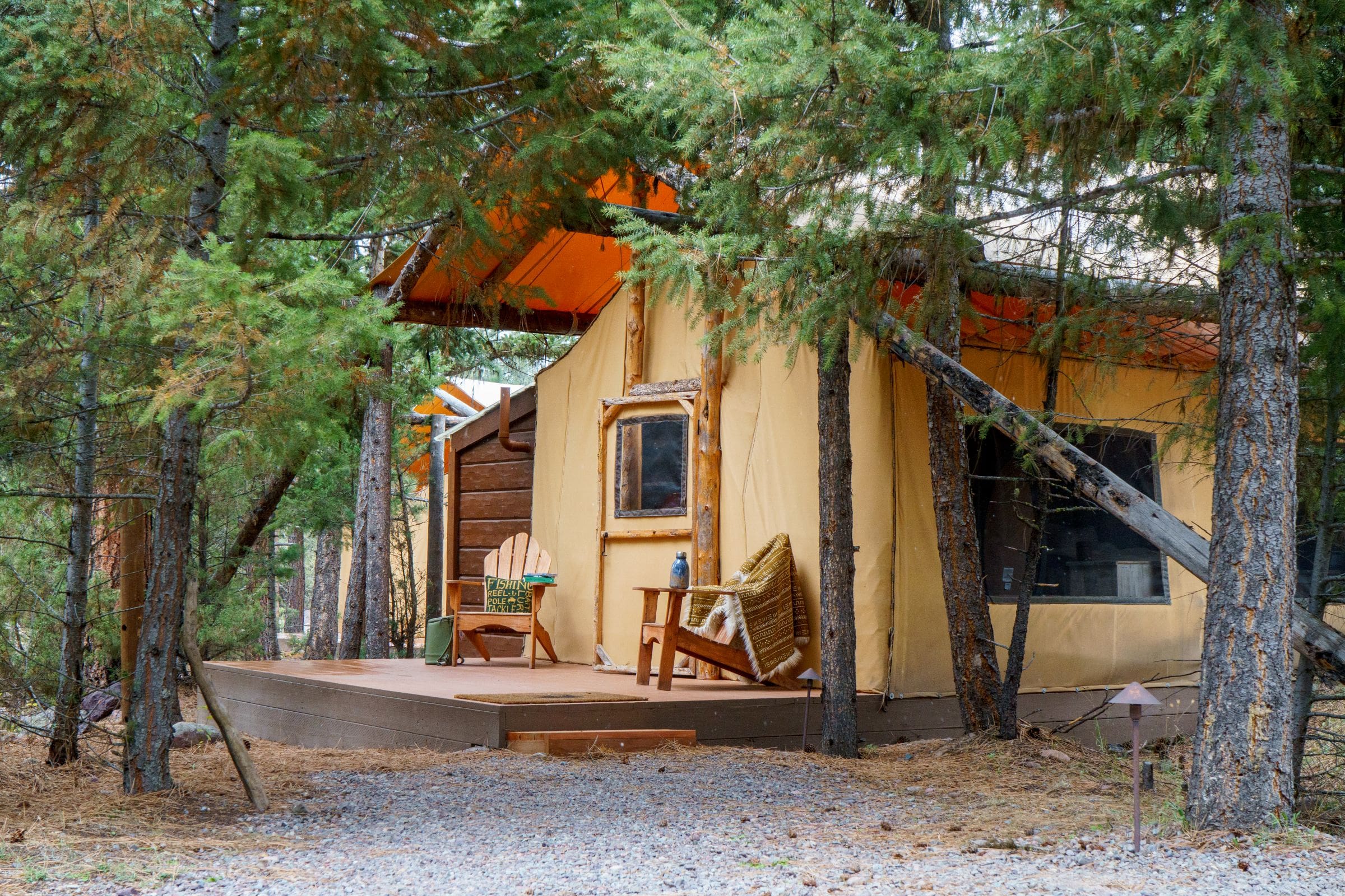 Exterior of luxury canvas glamping tent
