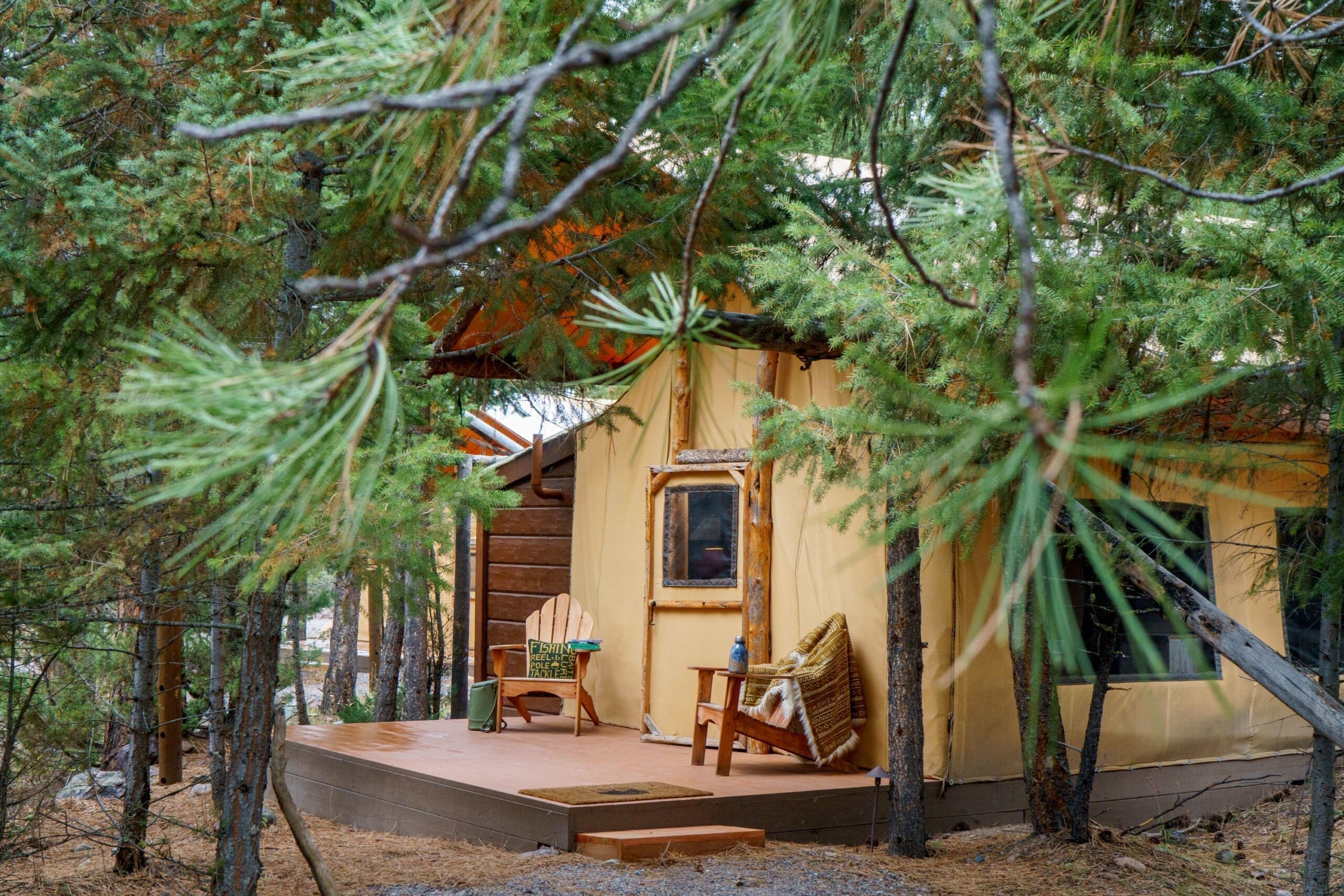Outside of a glamping canvas tent