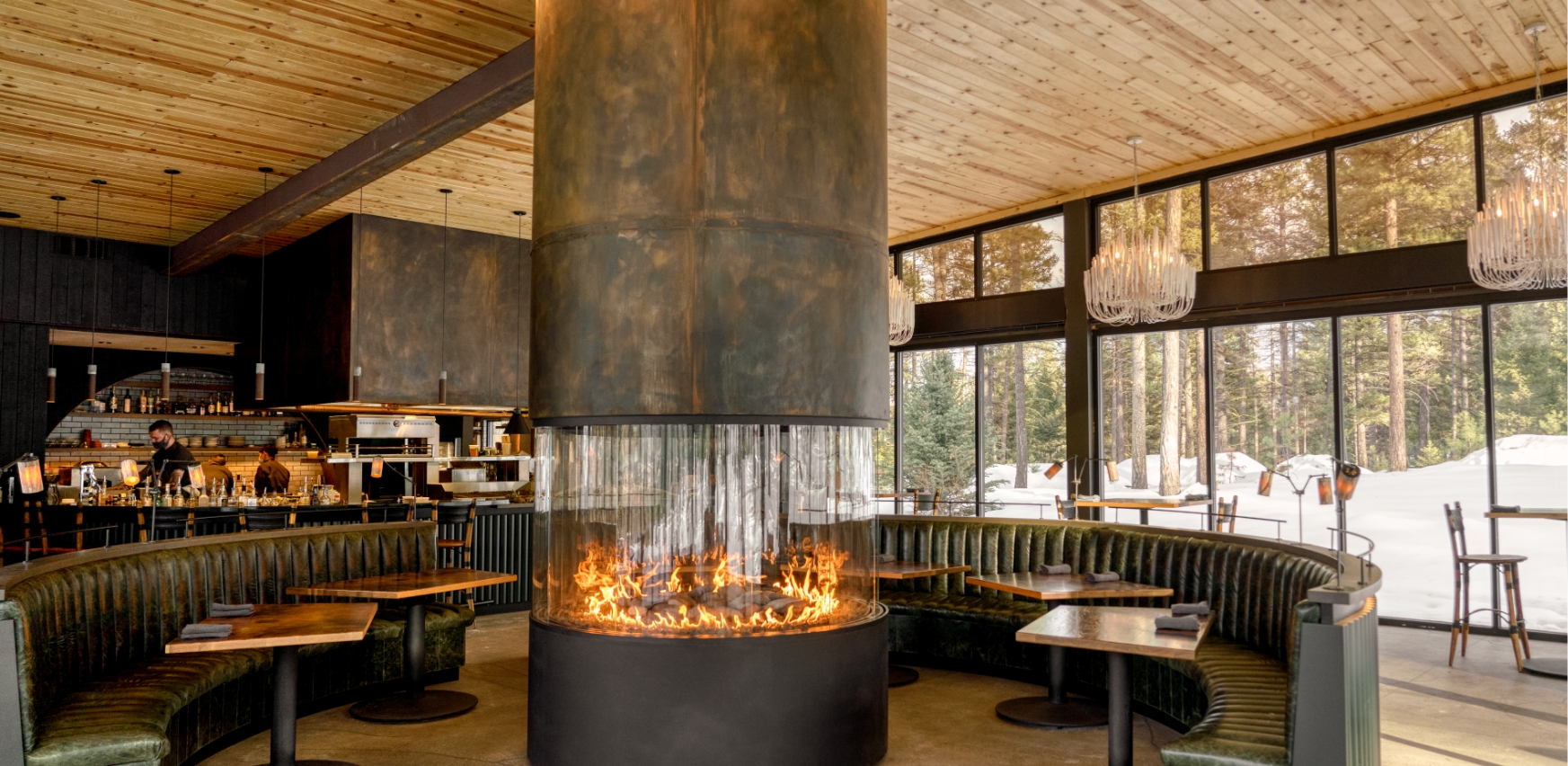 Modern restaurant Social Haus with fireplace