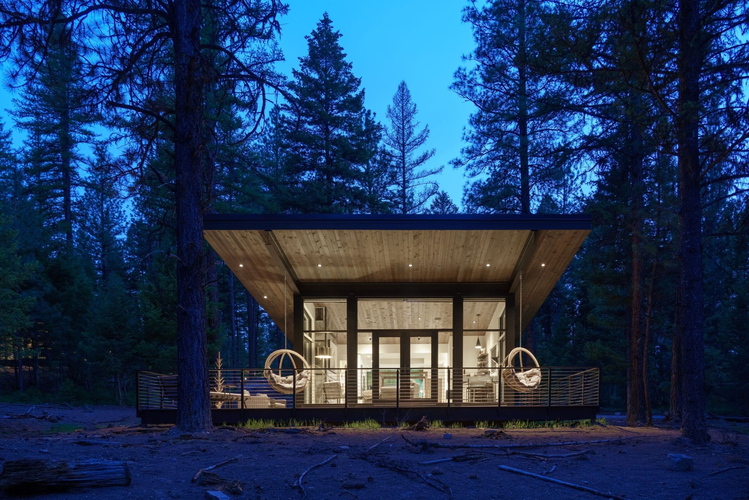 Exterior of modern cabin in the woods