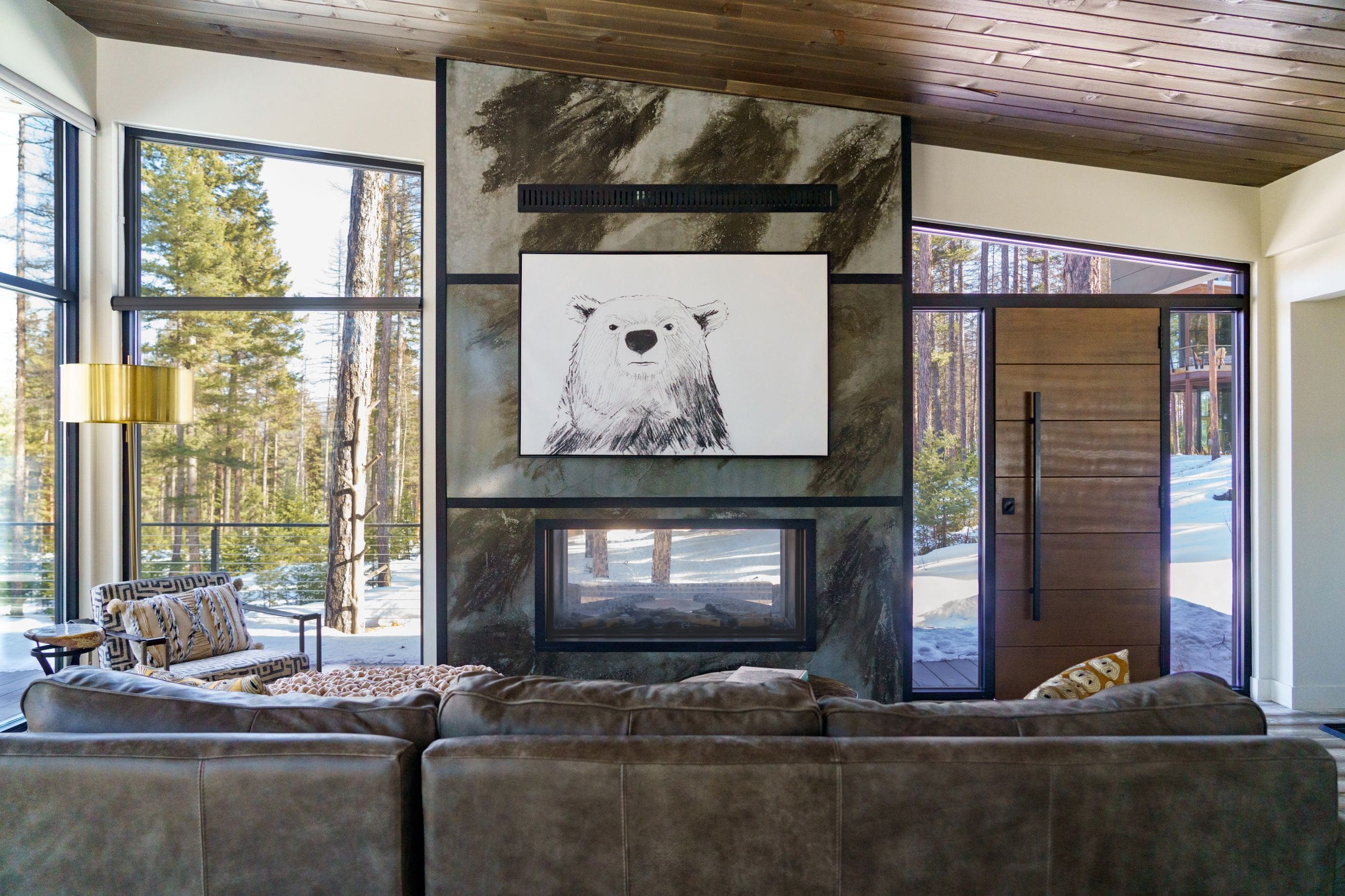Interior of modern cabin living room with fireplace