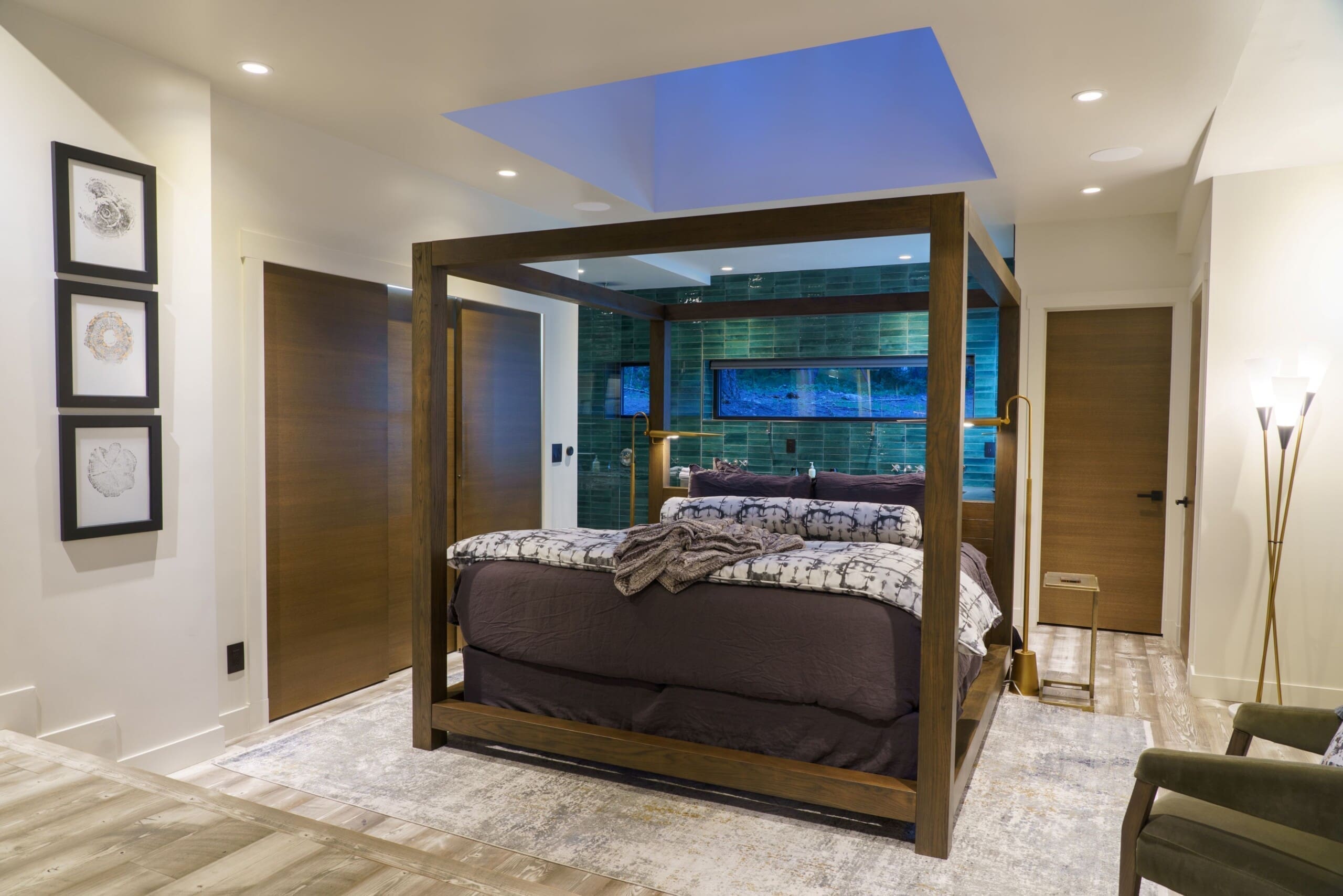 interior of modern cabin bedroom with king size bed