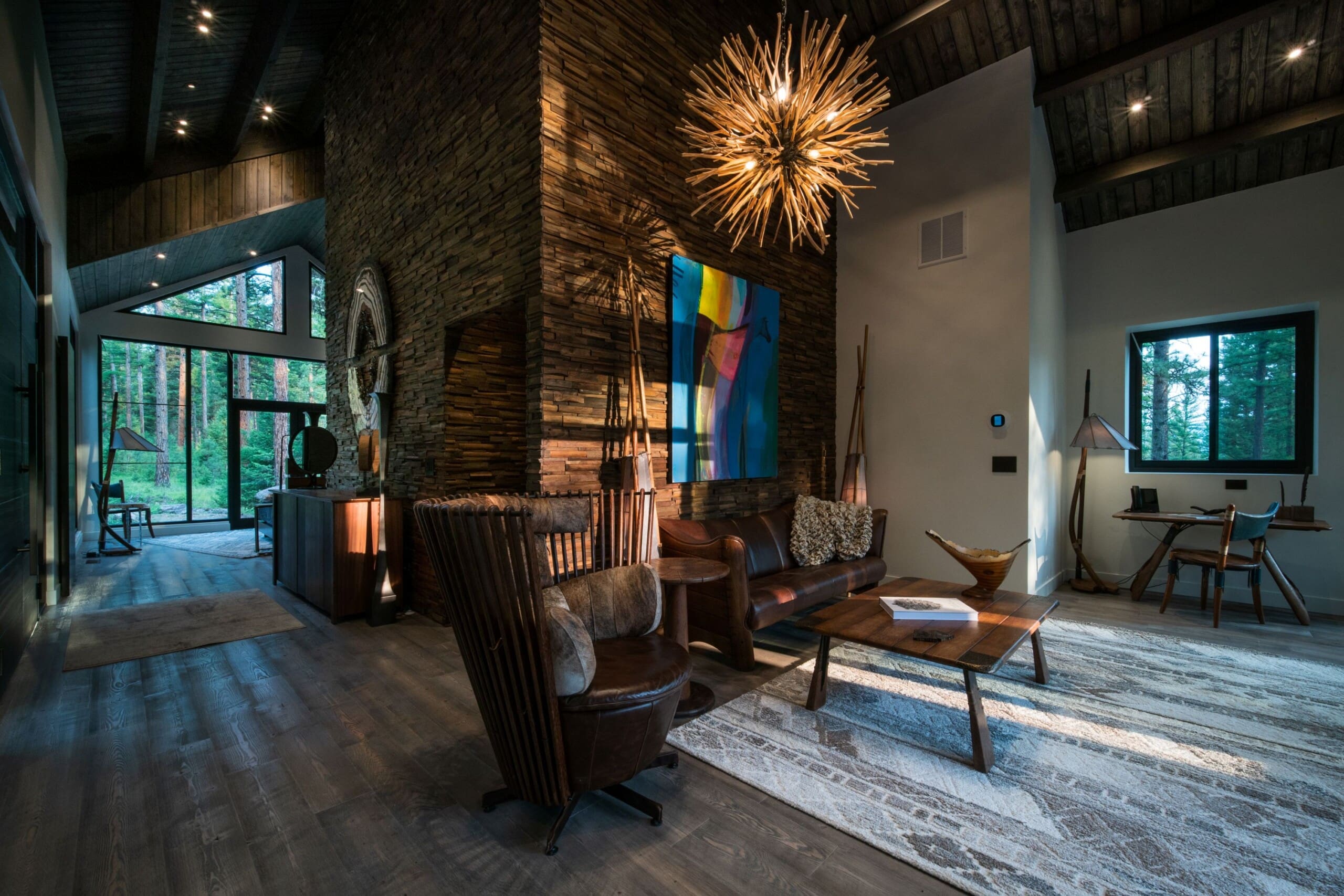Interior of modern cabin living room with wooden accents