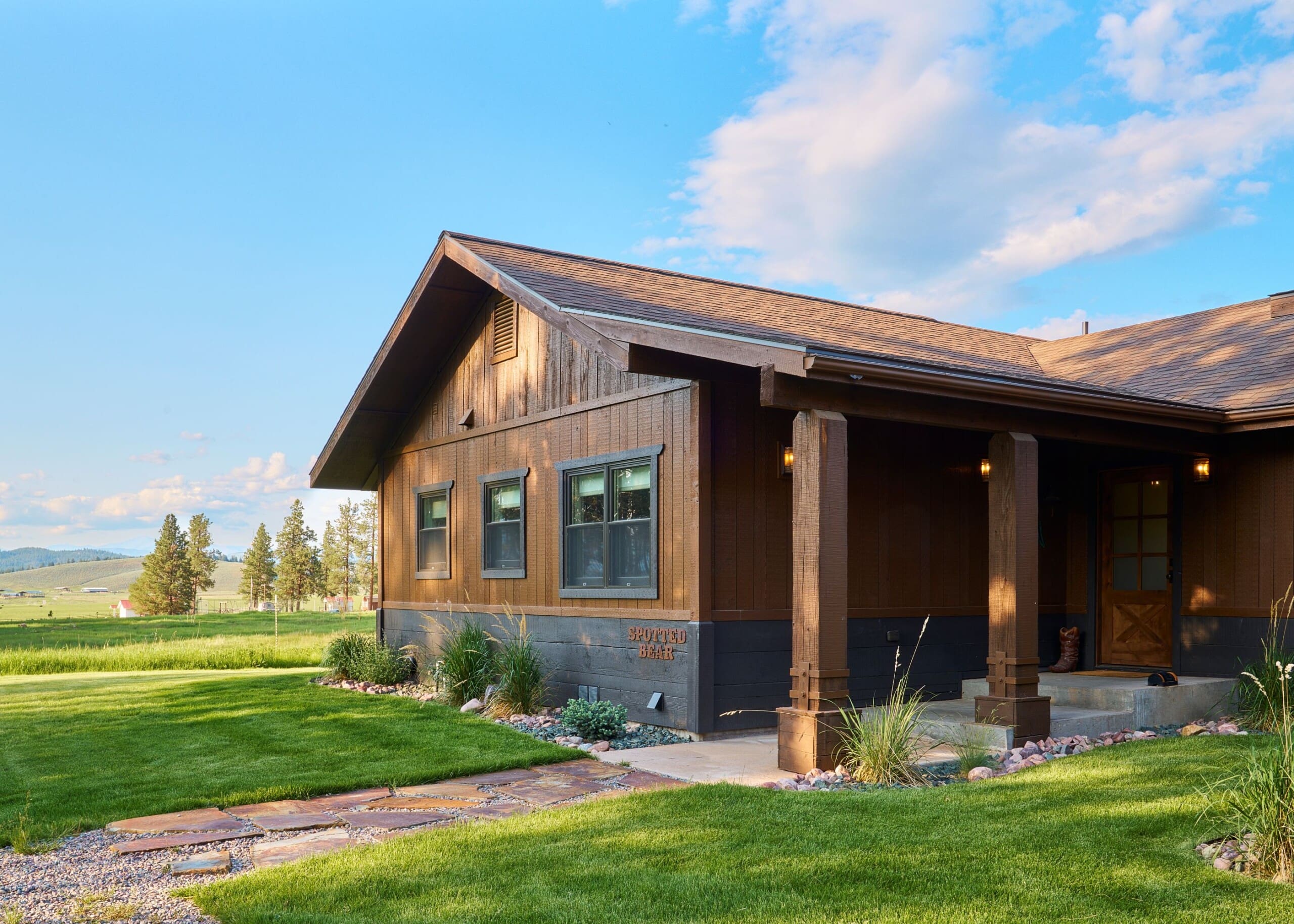 exterior of a wooden, modern cabin